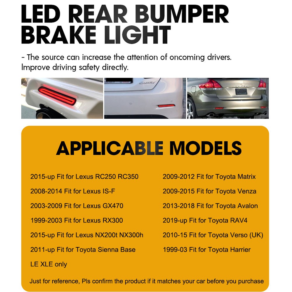 2x LED Rear Bumper Reflector Brake Stop Signal Light For Toyota Venza 2009-2015