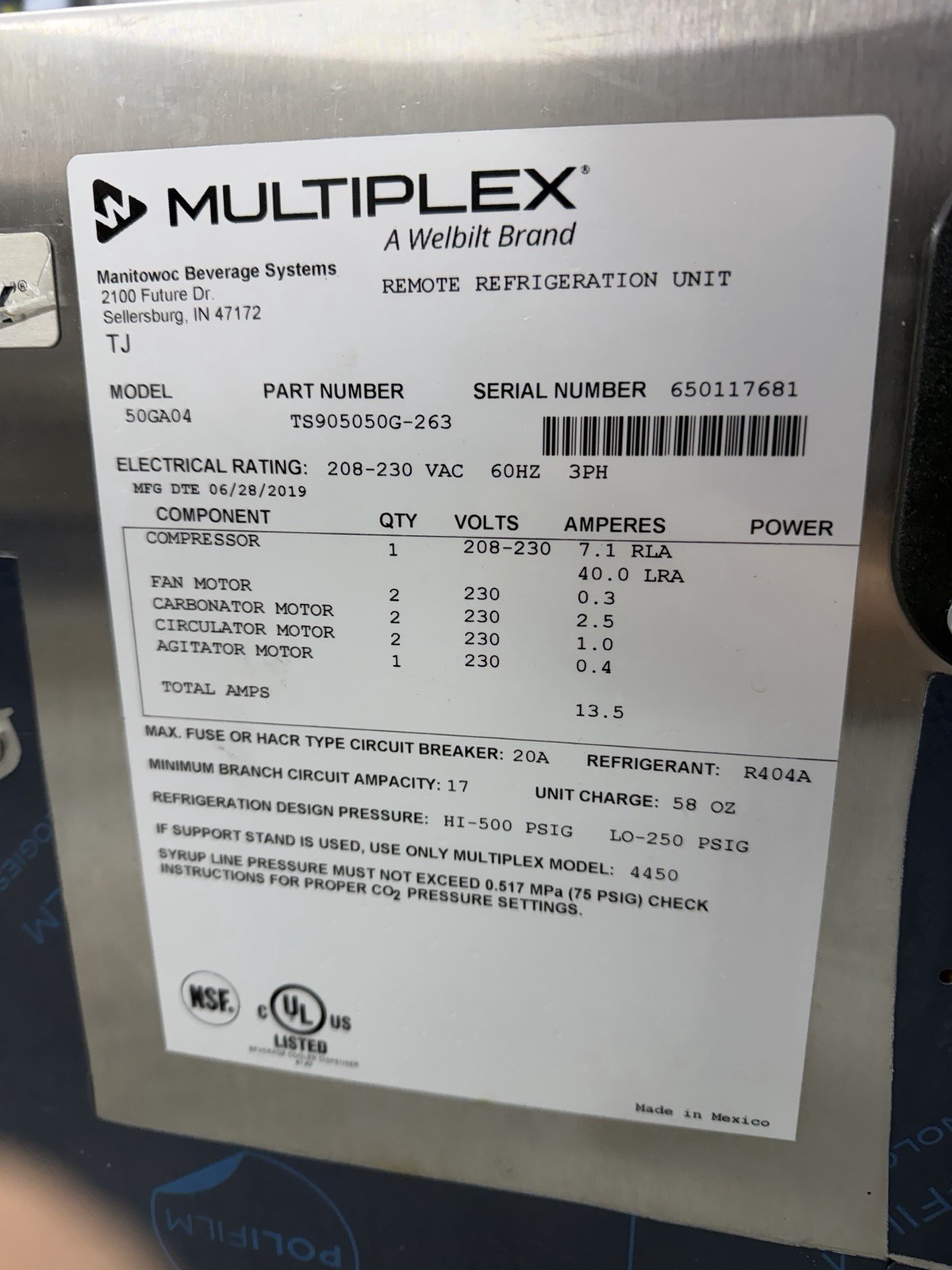 Multiplex TS905050G-263 200 Lbs. Air-Cooled Multiplex 50G Icecore Remote Chiller