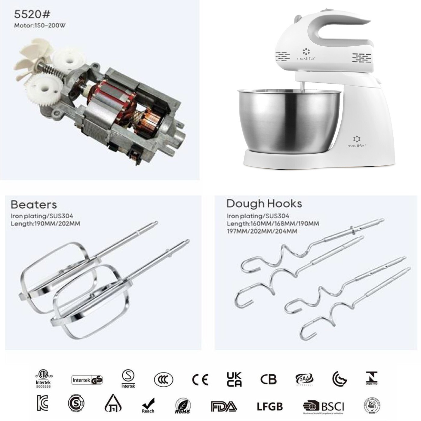 3.2 Qt Stand Mixer - 5-Speed Electric Mixer with Stainless Steel Bowl, White