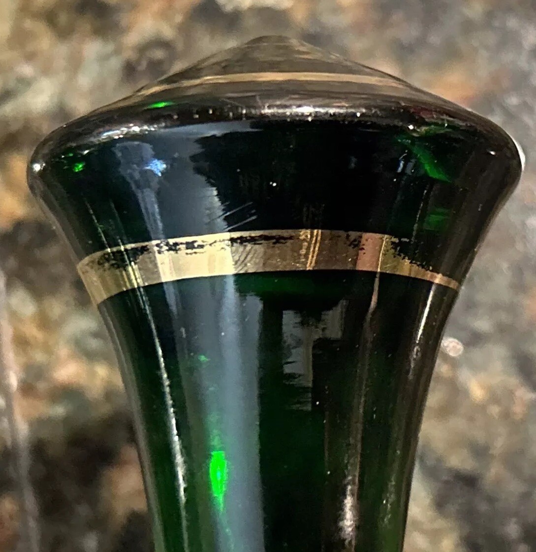 Borske Sklo Gold Banded Green Glass Decanter Mid Century Genie Jeannie Bottle