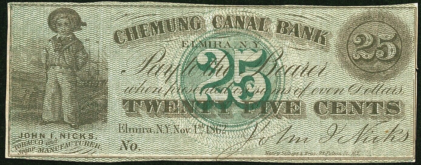 NY 25¢ ELMIRA New York Chemung Canal Bank John I Hicks Nov 1st, 1862