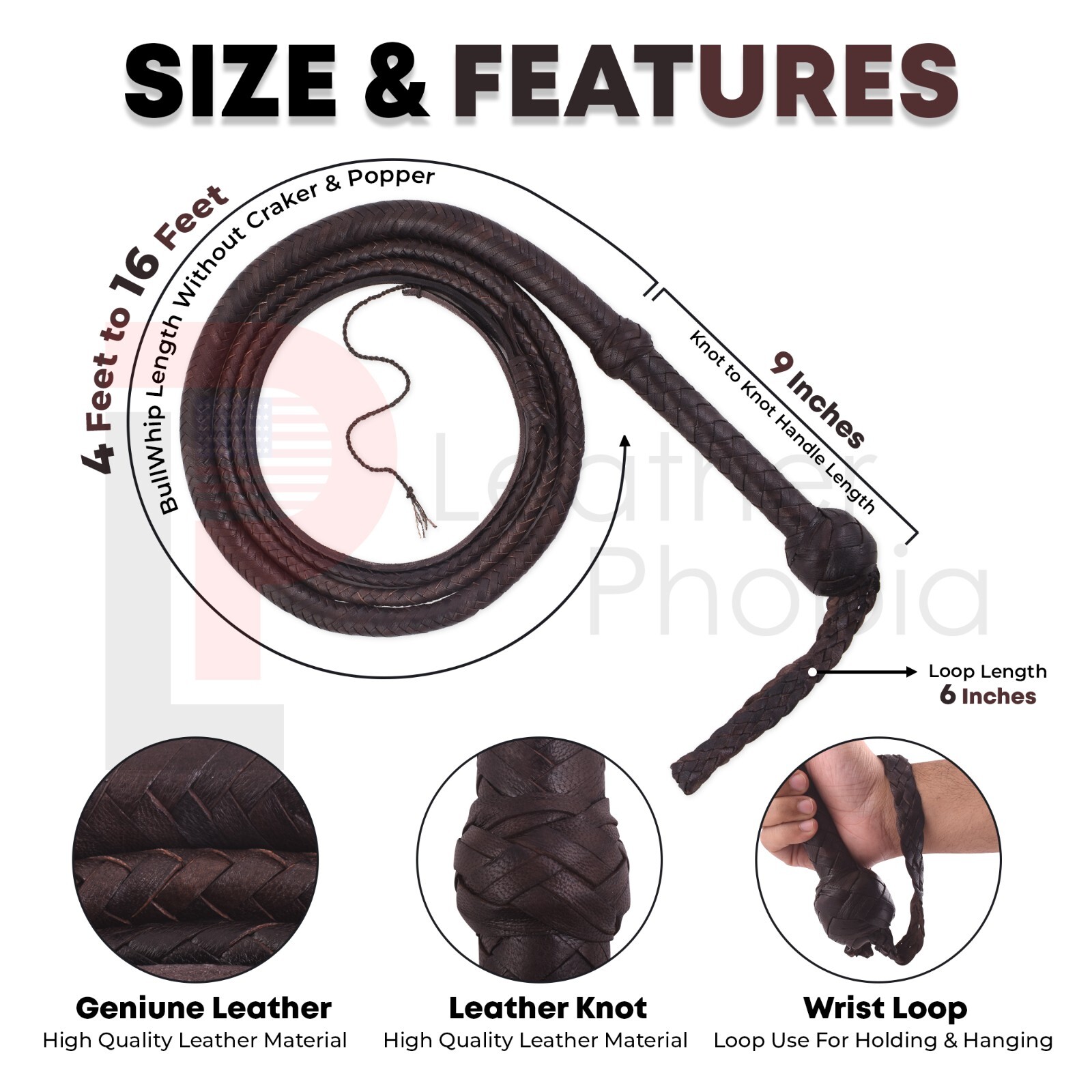 Kangaroo Hide Leather BULL WHIP 04 to 16 Feet Long 16 Plaits Indiana Jones Whip