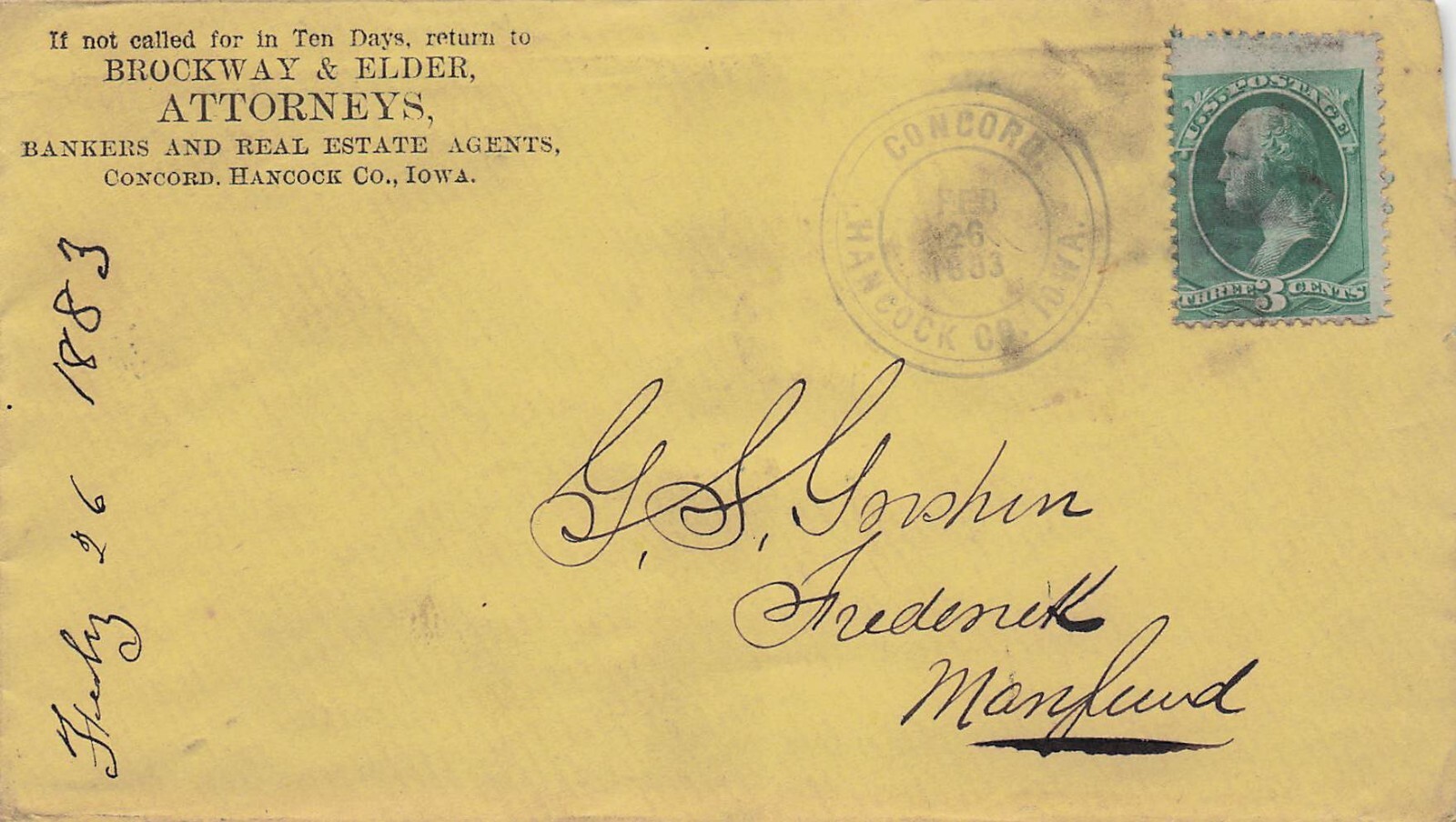 1883 US Cover Scott #184 Stamp Concord Hancock Co Iowa Brockway Elder Attorneys
