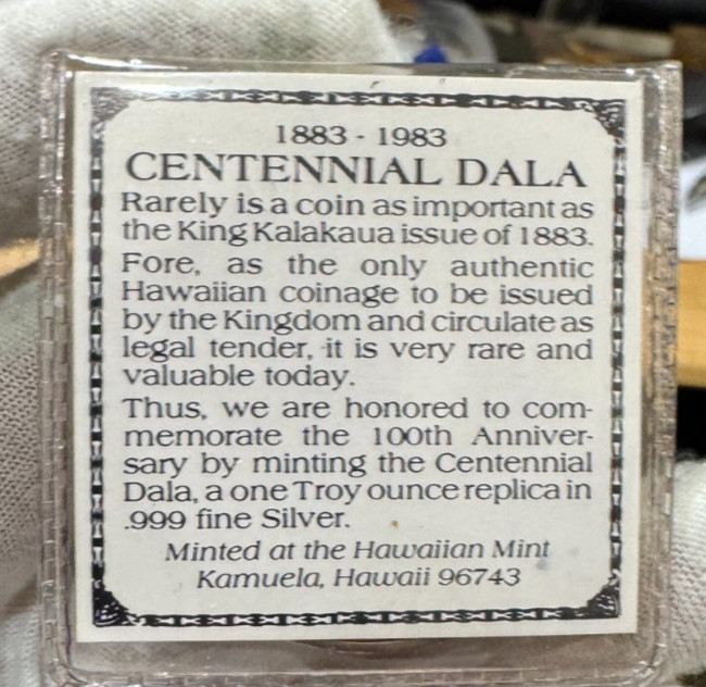 HAWAII 1893-1983 CENTENNIAL KING KALKUAU .999 SILVER PROOF WITH COA.