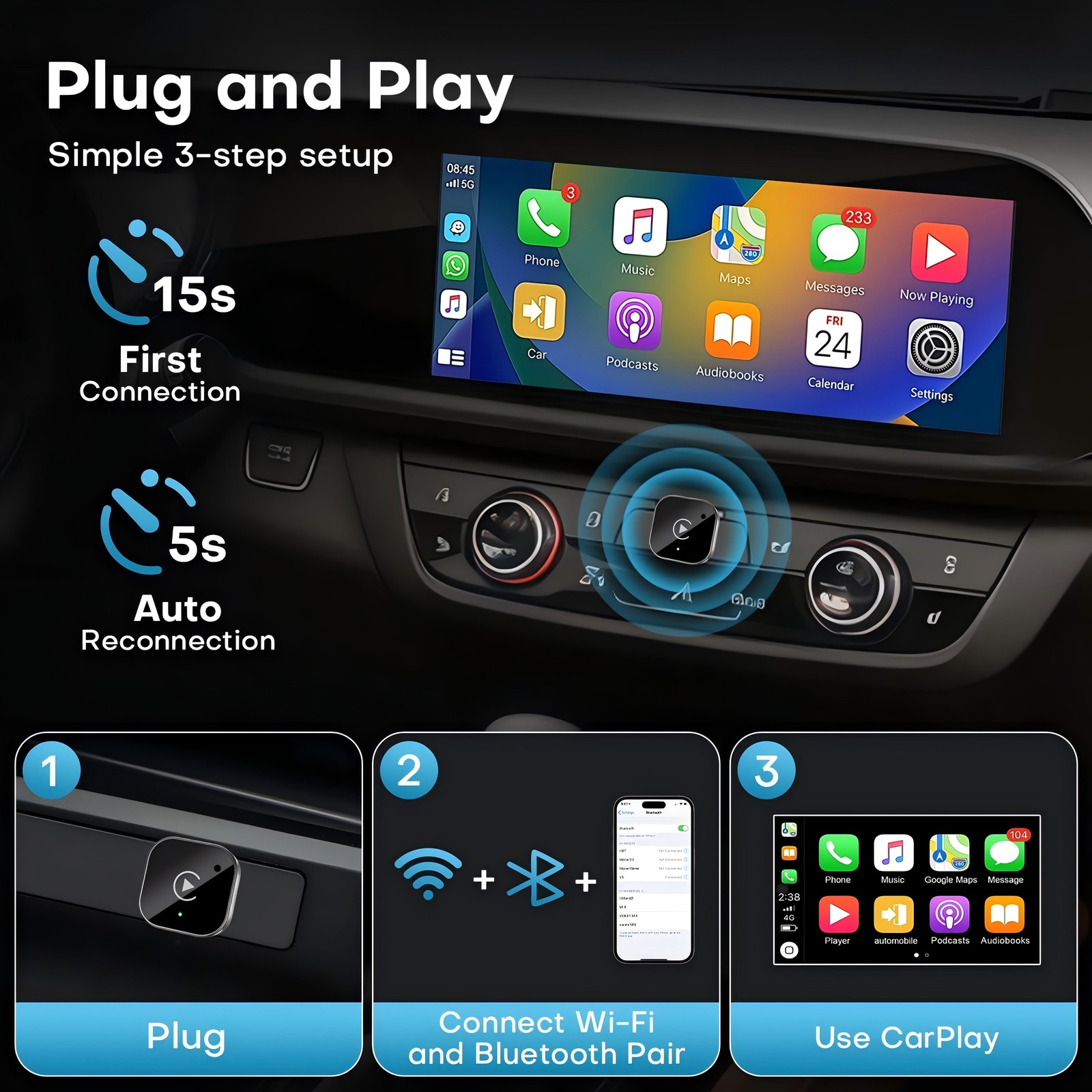 Wireless USB Carplay Adapter Dongle For iPhone Apple Android Auto Plug &Play