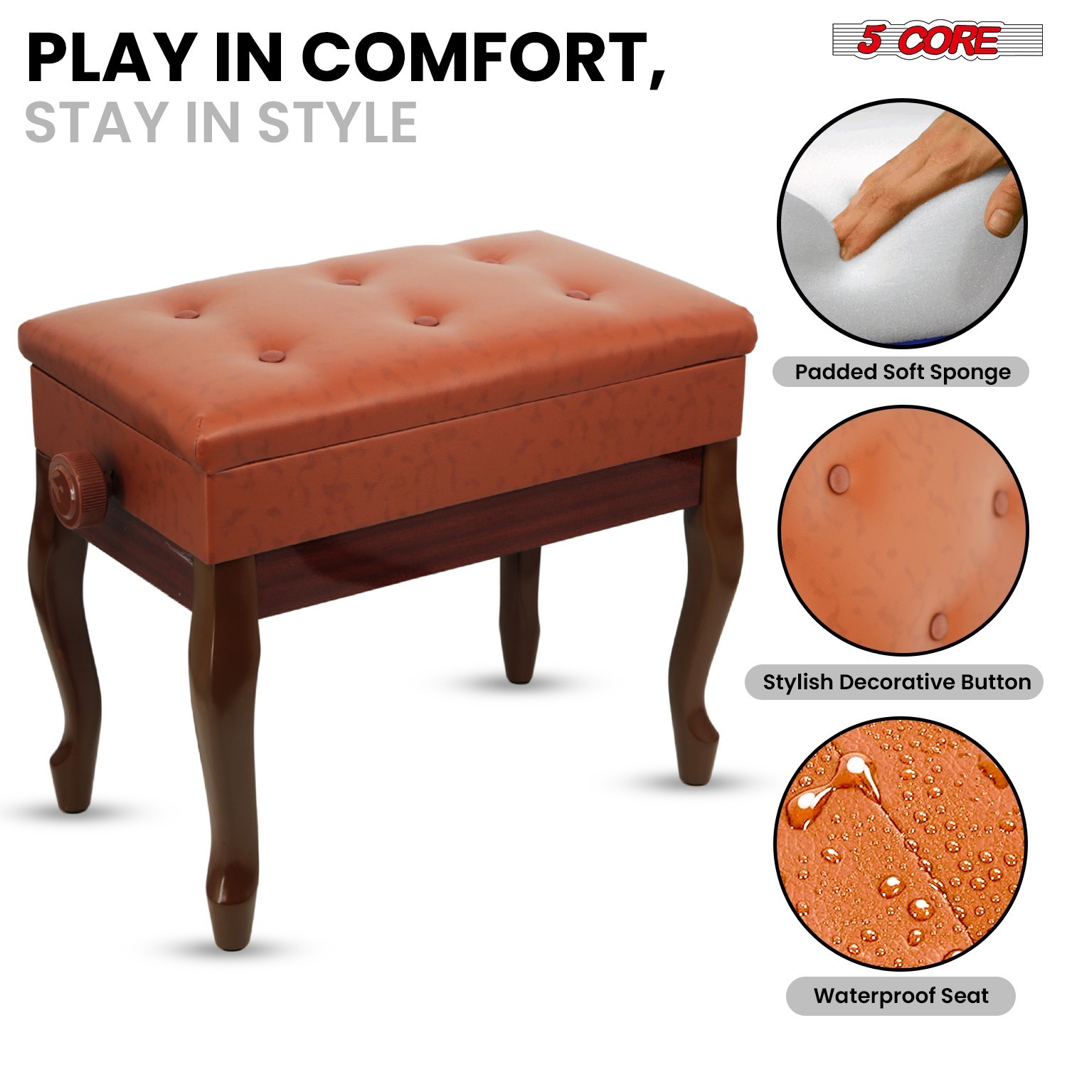 5 Core Piano Bench 3" Padded Cushioned Stool Wooden Heavy Duty Musician Chair