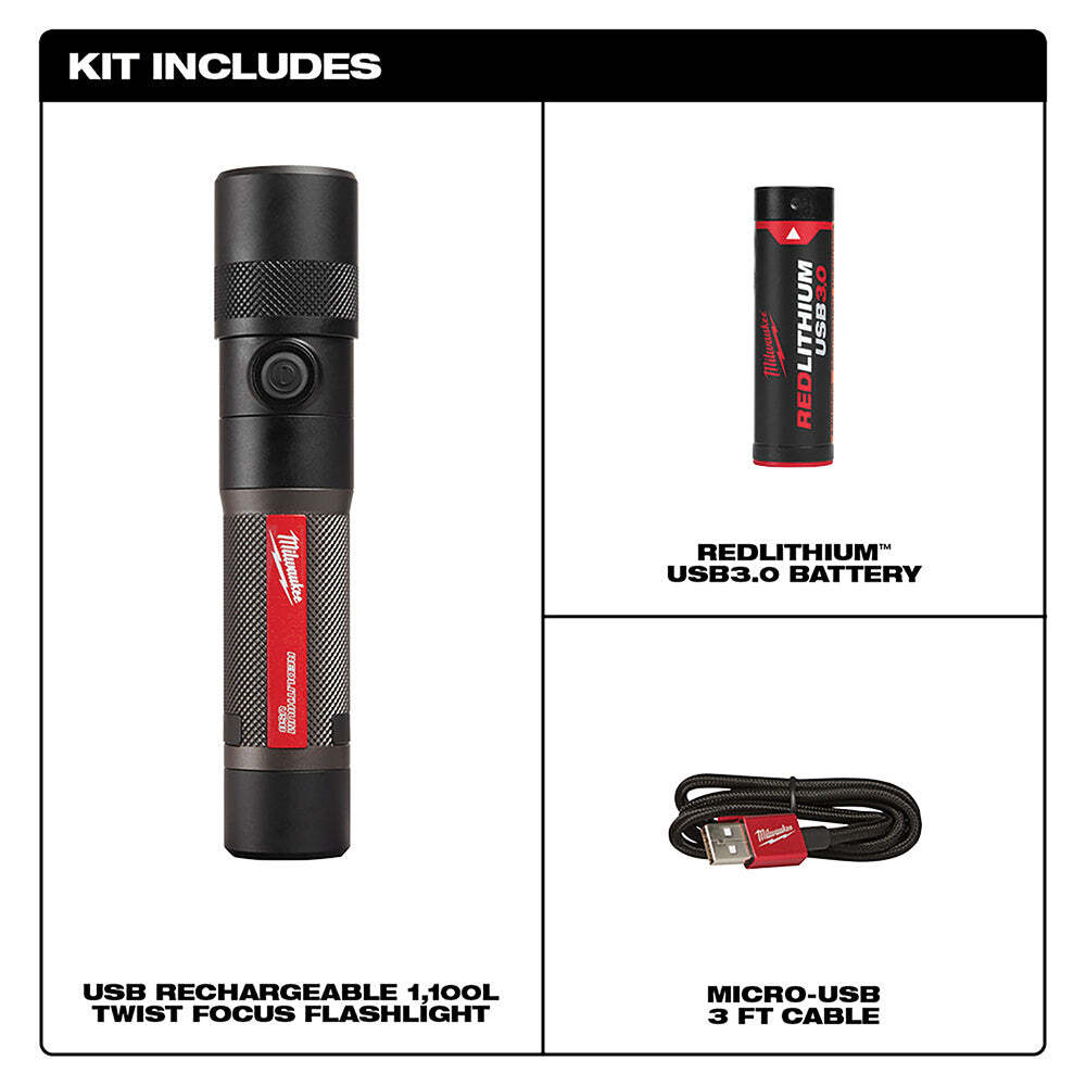 Milwaukee 2161-21 1100 Lumen USB Rechargeable LED Twist Focus Flashlight