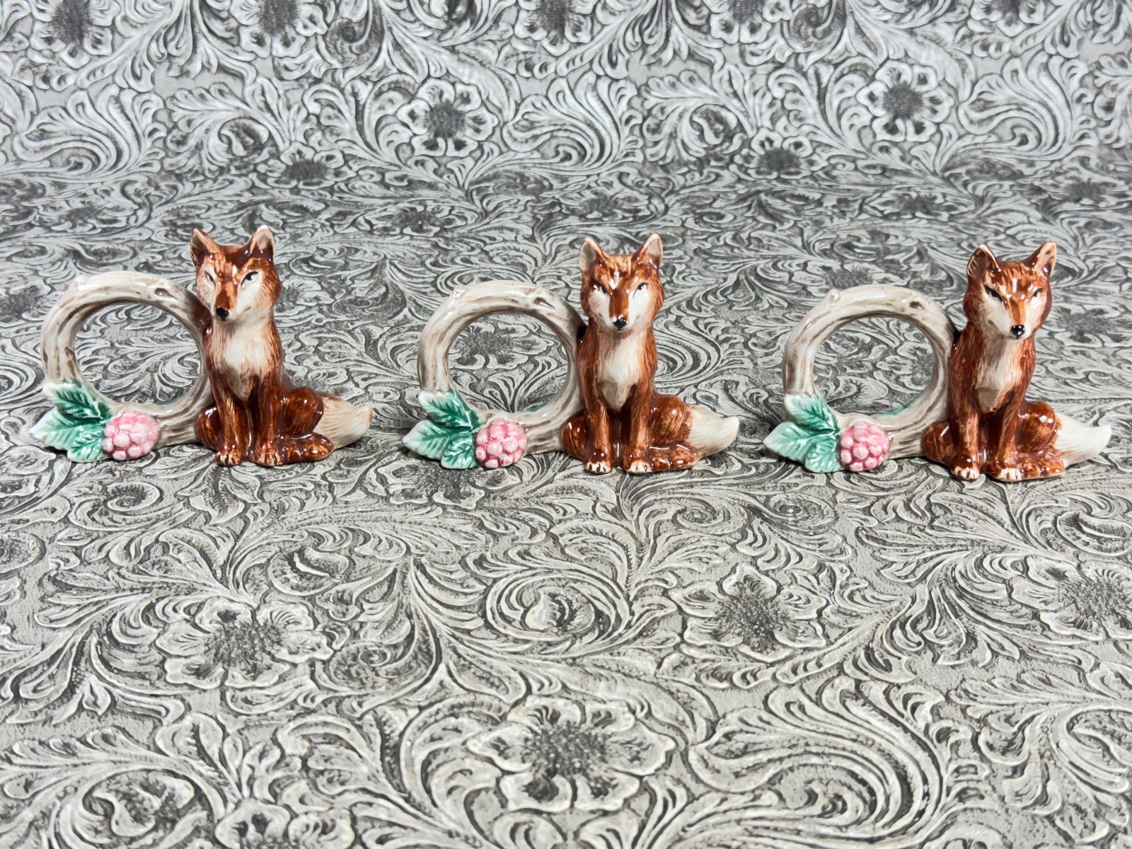 Vintage Fitz & Floyd Reynard The Fox Napkin Rings 1990 Woodland FF Christmas