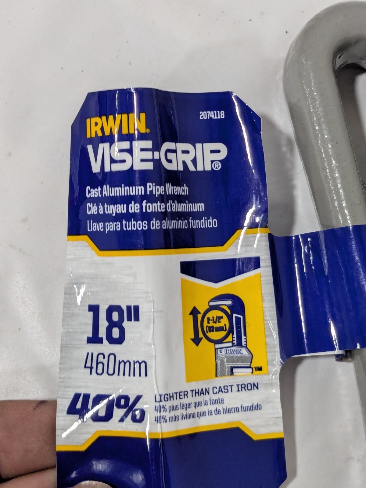 Irwin Straight Pipe Wrench: 2-1/2" Max, 18" OAL, Aluminum 2074118