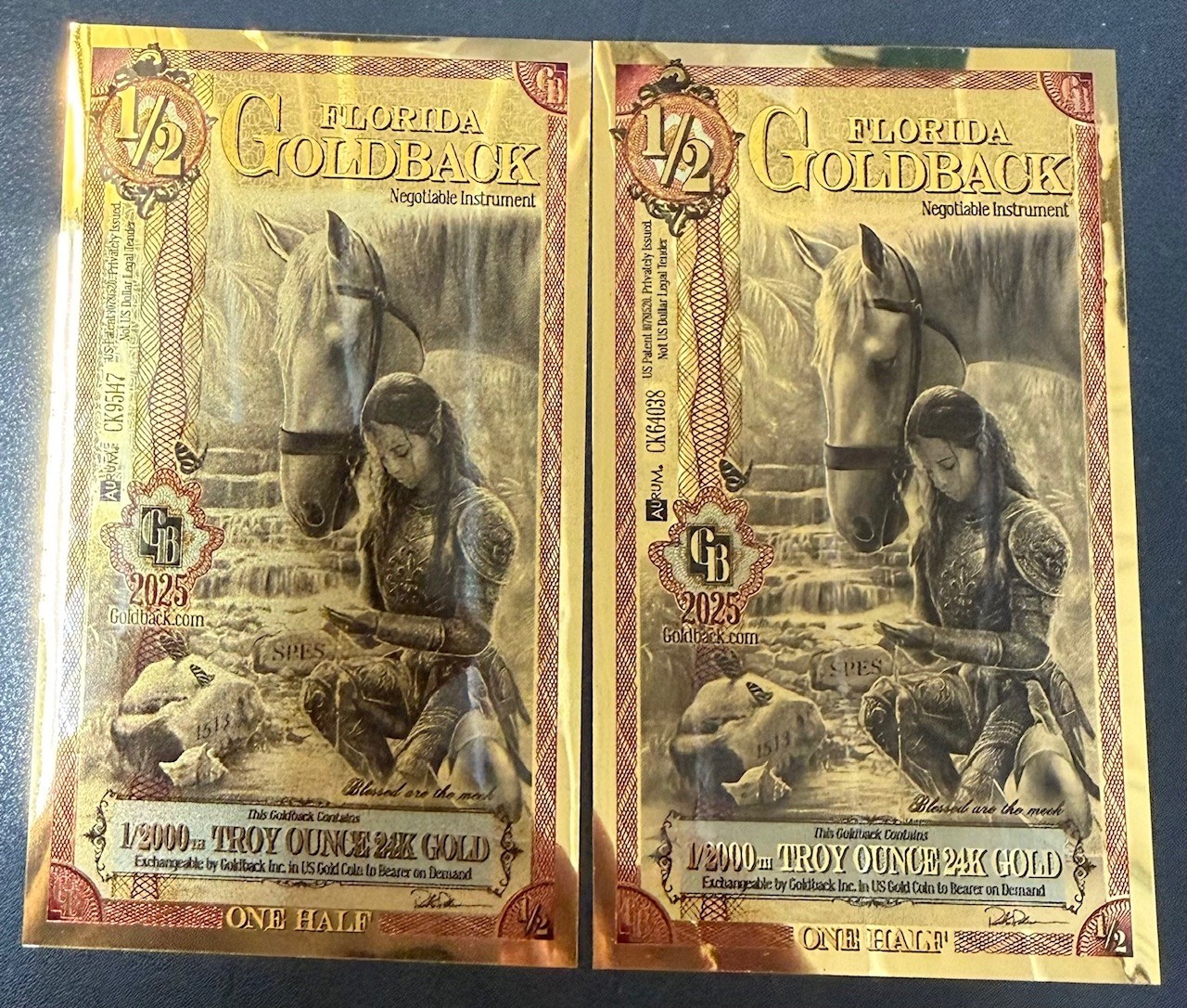 GOLD - [Lot of 2] 1/2 Florida Goldback 24K Gold Notes set of 2