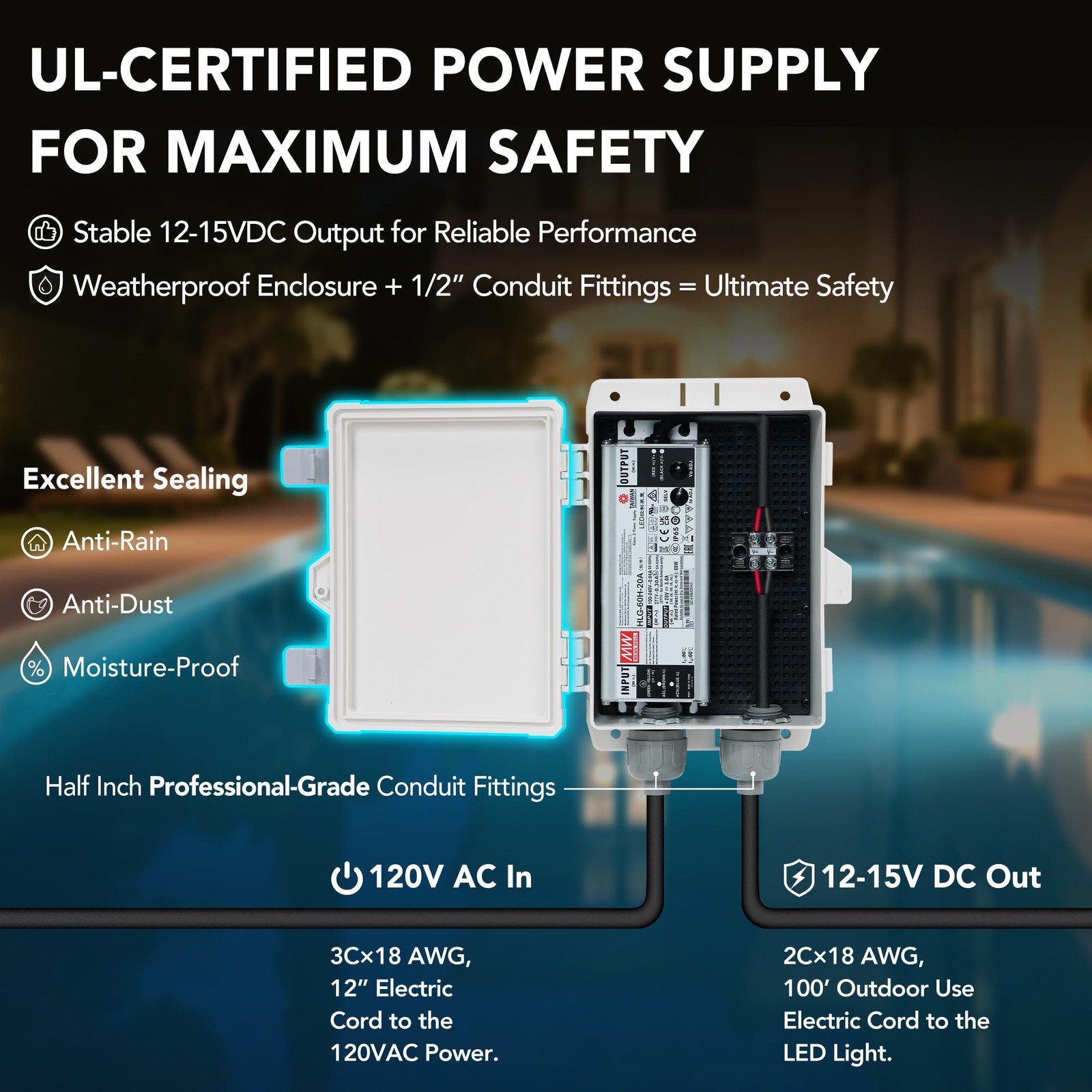 HQUA PN01 LED Inground Pool Lighting System 120V AC 10 Inch 40W, 100 Feet Cord