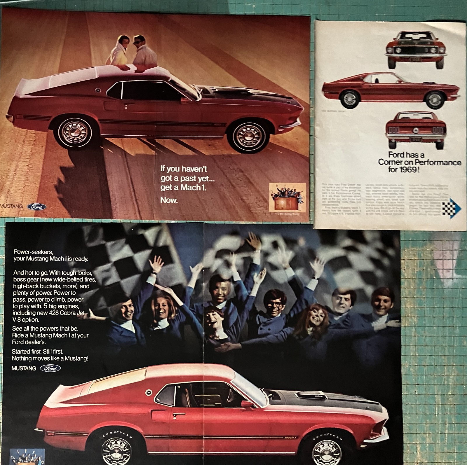 Lot of 3 1969 Ford Mustang Mach 1 V8 428 Cobra Jet *Original* car ad print c