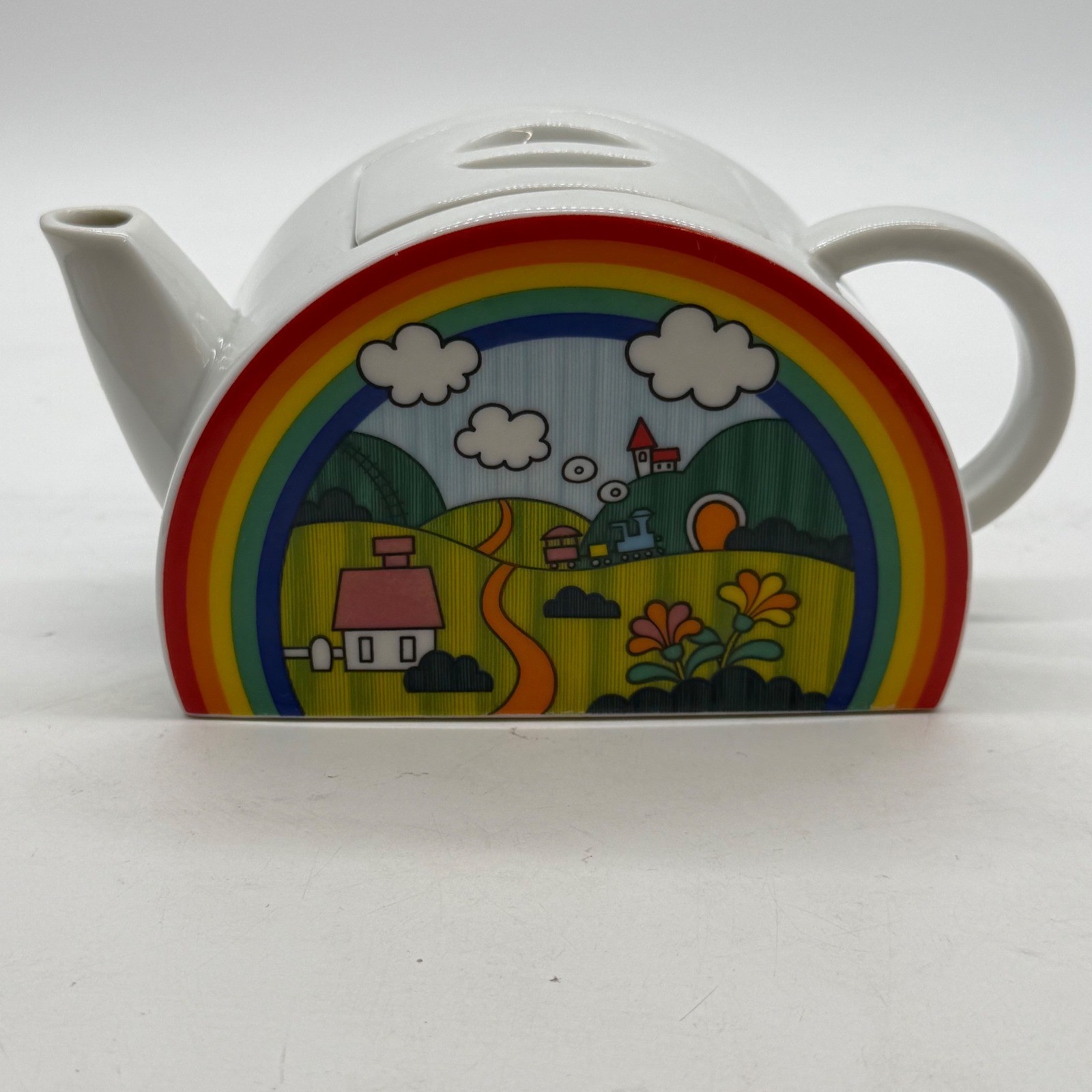 Vtg 80s Rainbow Landscape Ceramic Teapot Semi Circle Pop Art Novelty Kitsch
