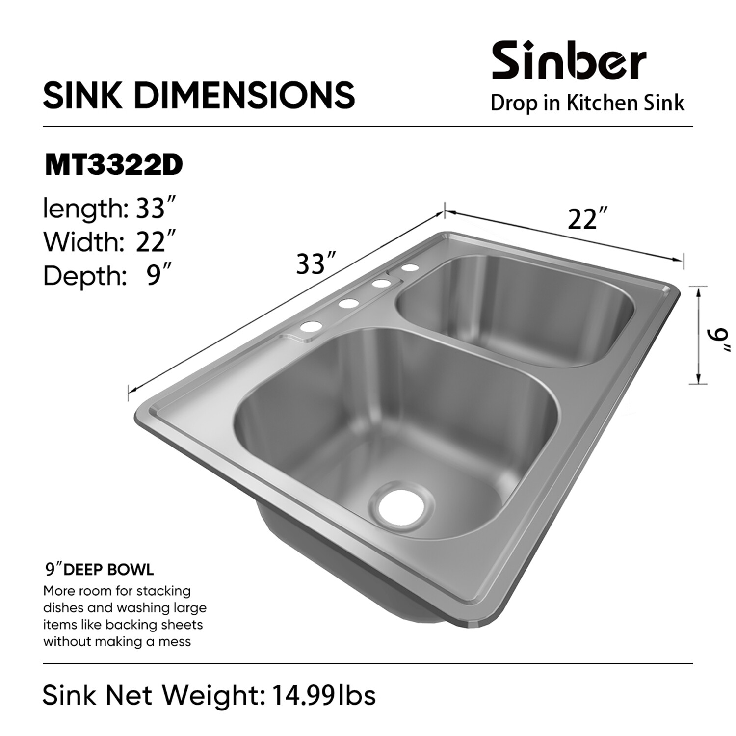 Sinber 33" Drop in Double Bowl Kitchen Sink with 304 Stainless Steel MT3322DE