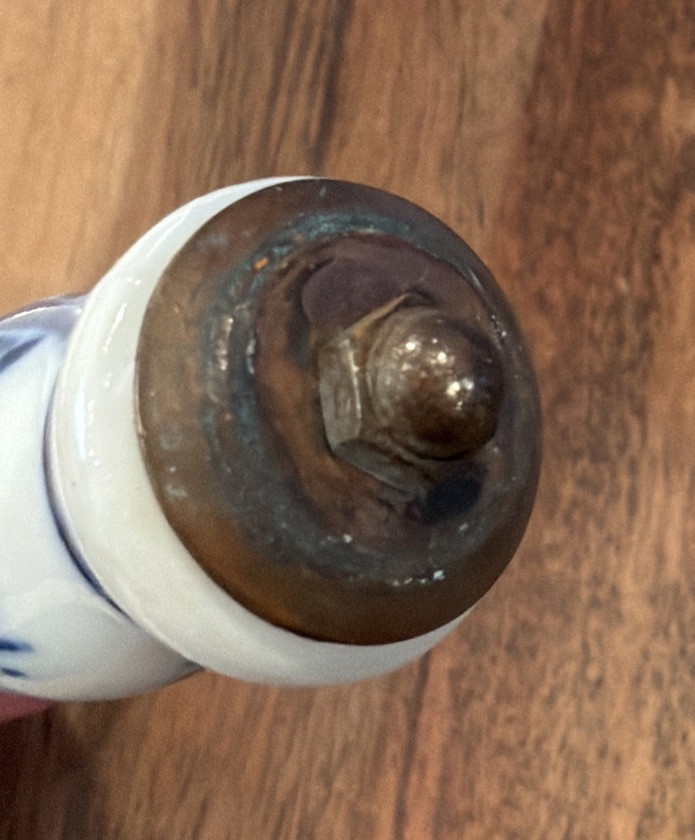 vintage delft blue and white ceramic handle, found on copper kettles, teapots