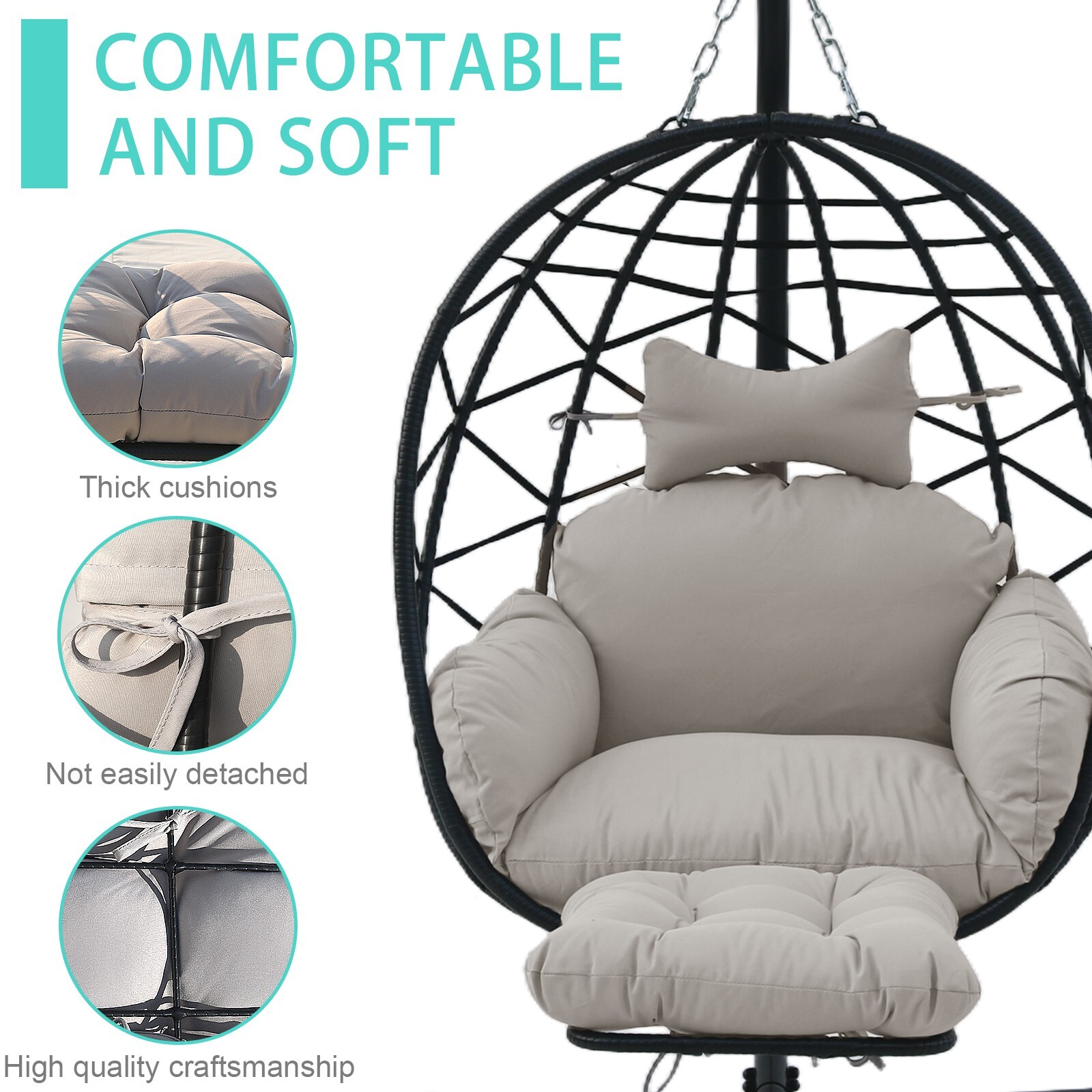 Hanging Egg Chair with Stand Leg Rest Outdoor with Gray Cushion Swinging Chair