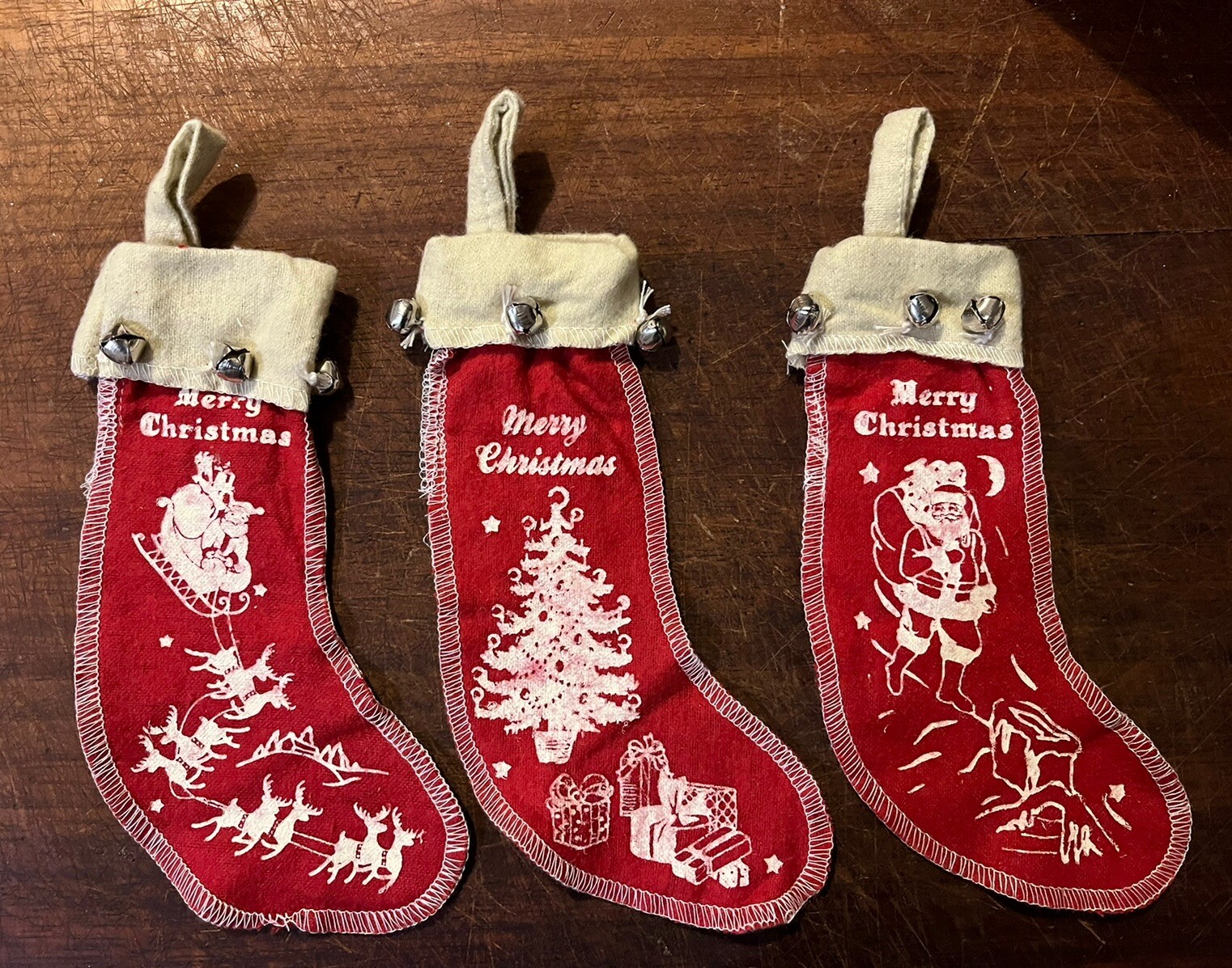 3 Vintage Style Red Felt Merry Christmas stockings Jingle Bells Santa Reindeer