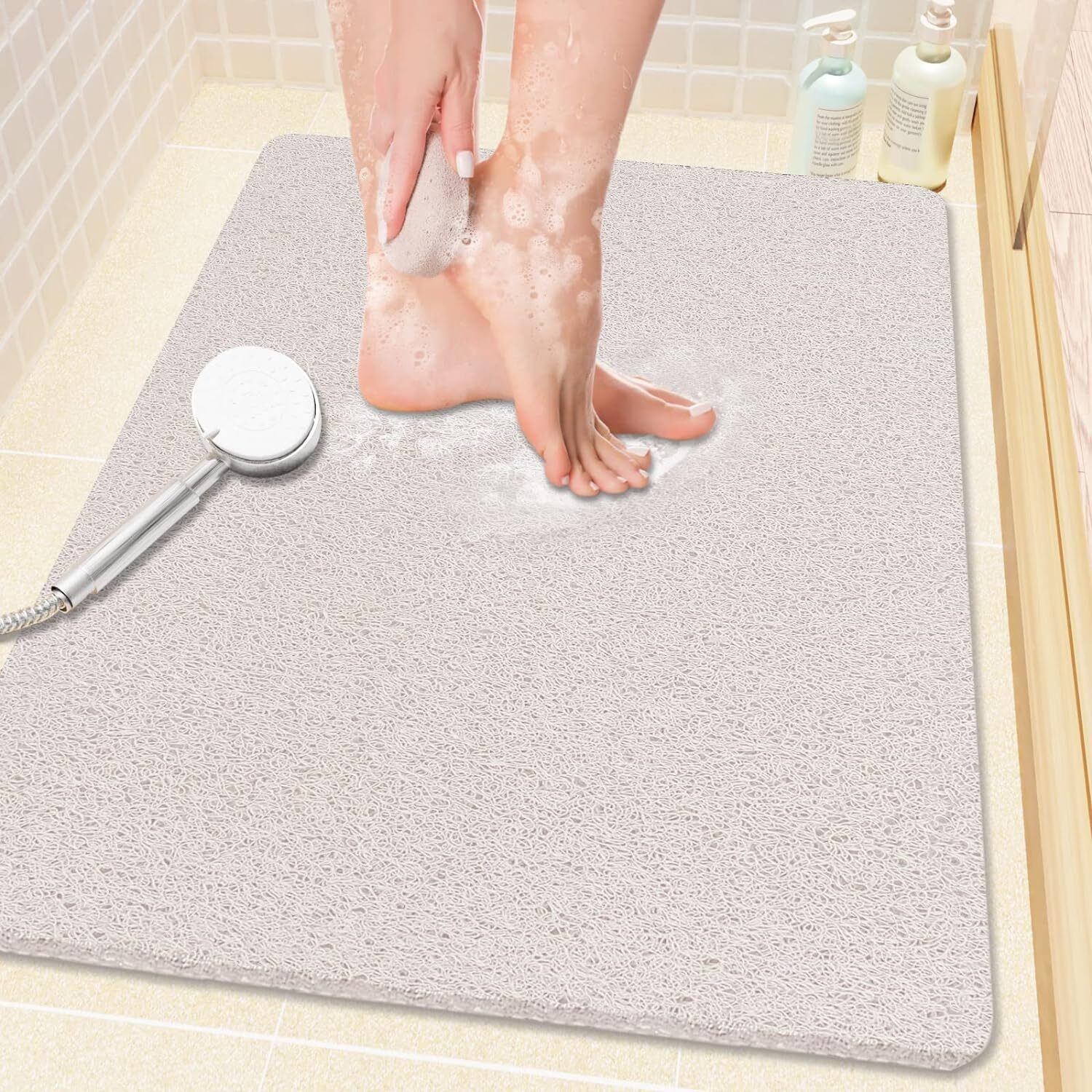 Shower Mat Bathtub Mat Non-Slip, Soft Tub Mat with Drain, PVC Loofah Bath Mat