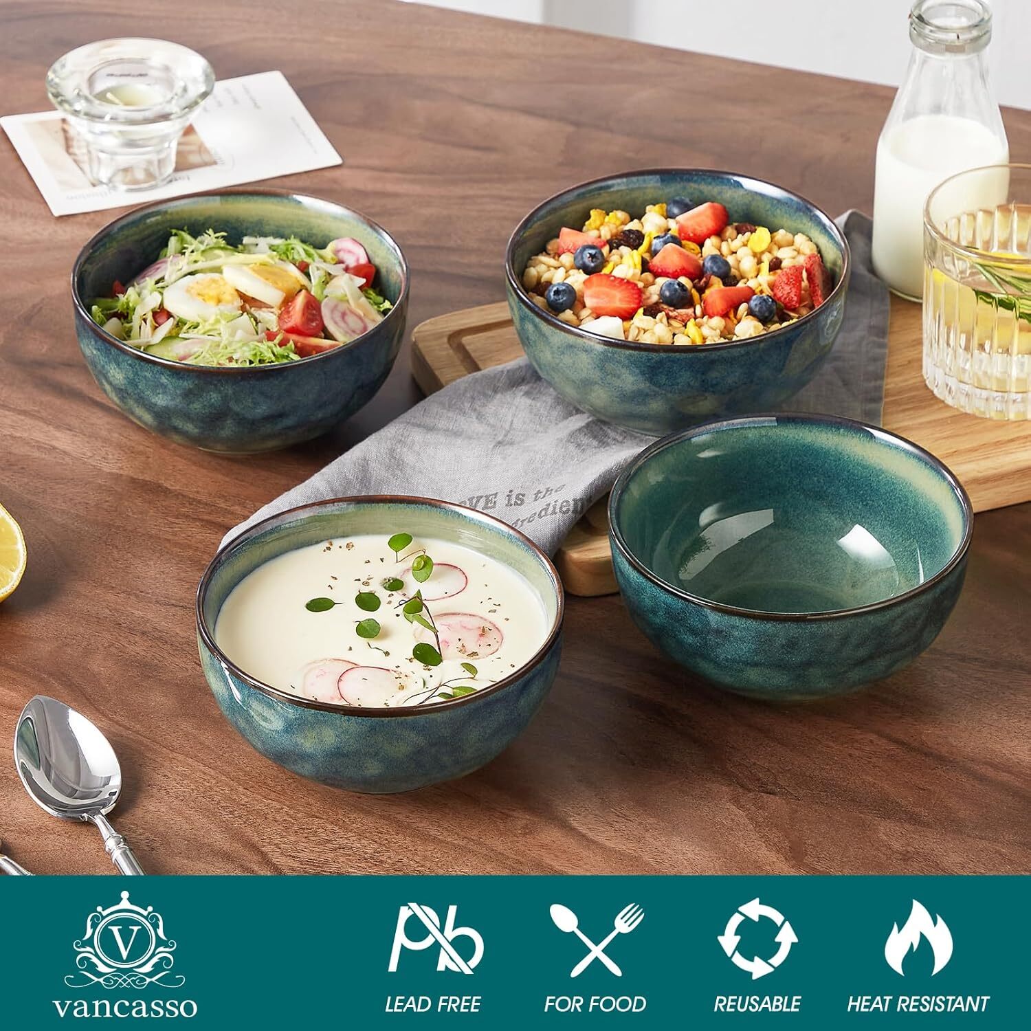 24oz Bowls for Soup, Ceramic Deep Soup Bowls Set of 4, Green Cereal Bowls Set