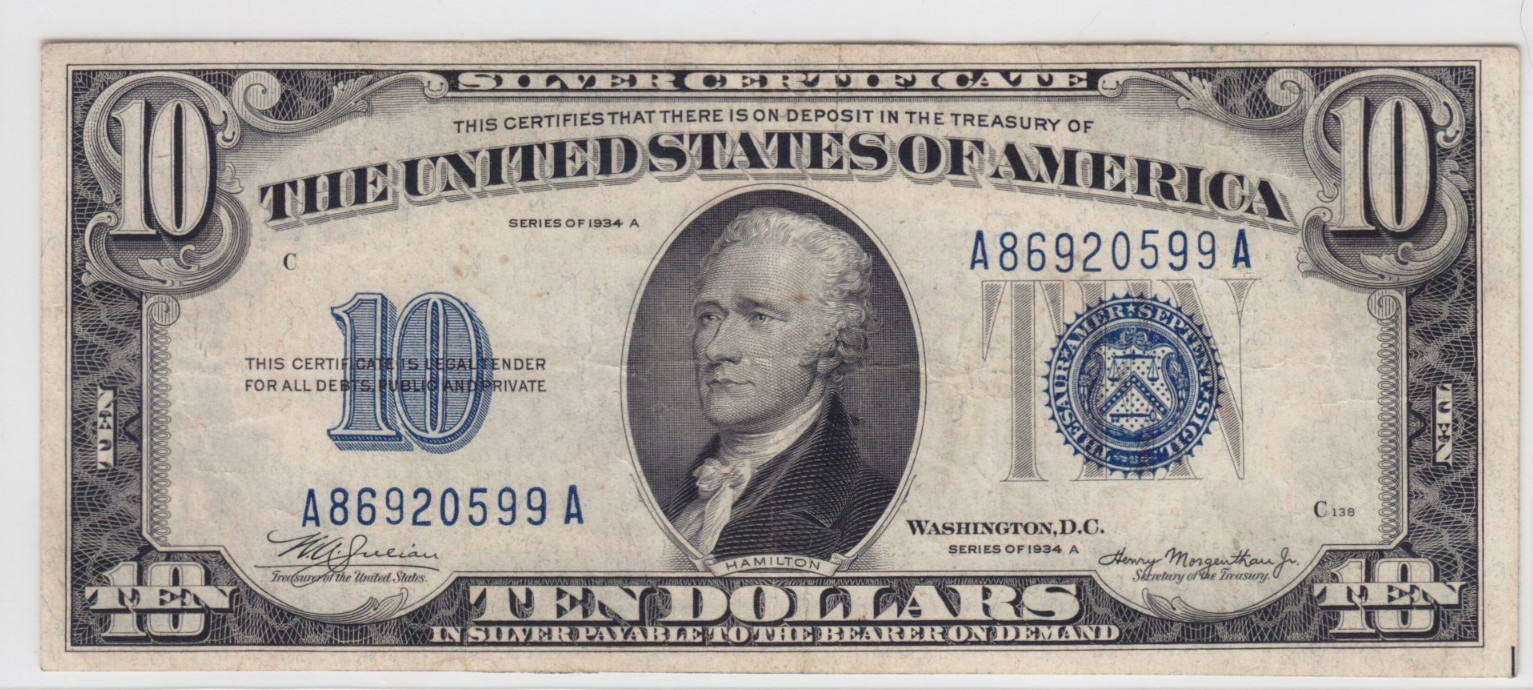 1934A $10 Silver Certificate Note FR#1702 A86920599A