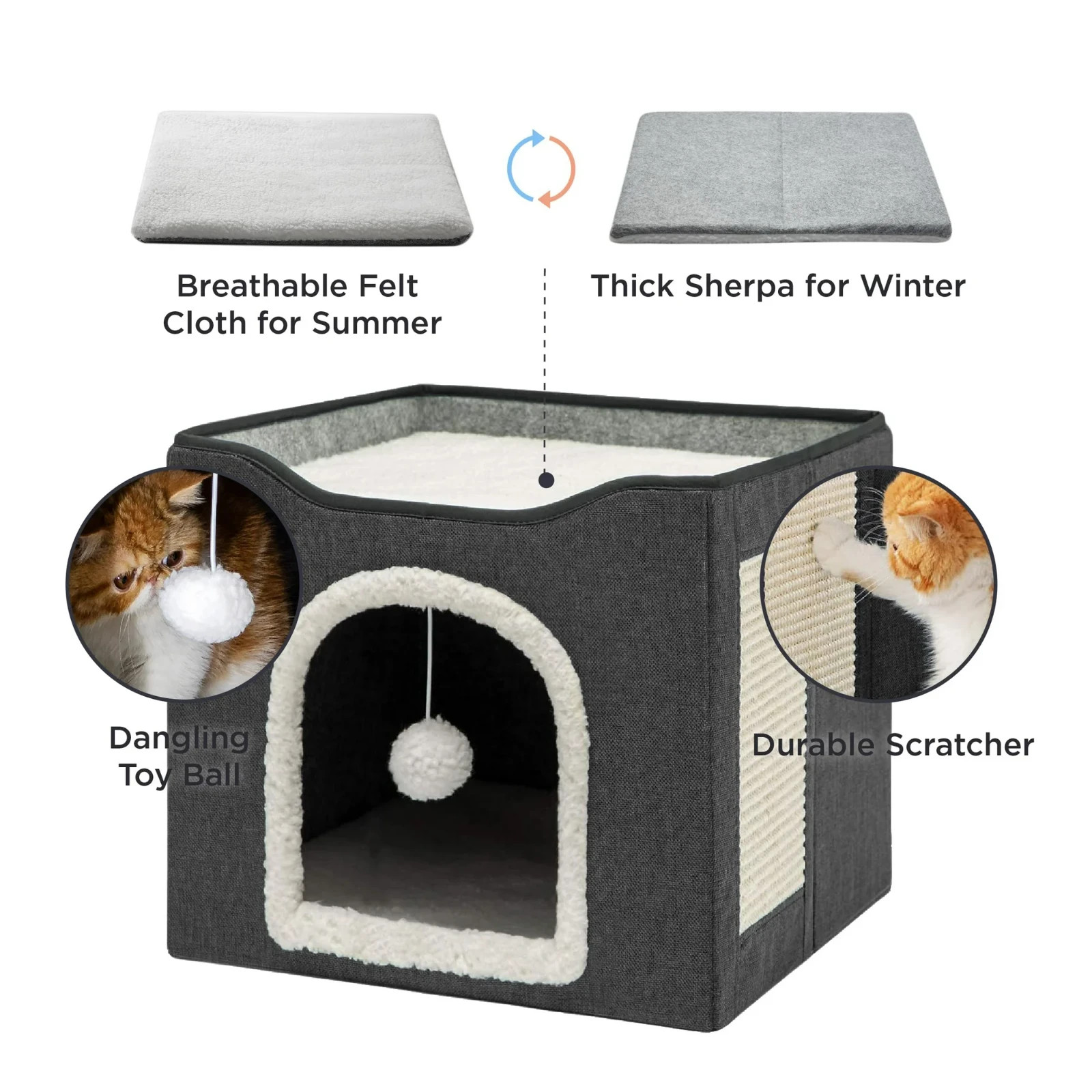 Cat Bed for Indoor Cats, Large Covered Cat House with Scratch Pad, Foldable Cat