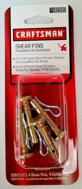 Craftsman Snowblower Shear Pins 88389 Contains (4) 738-04155 and (4)714-04040