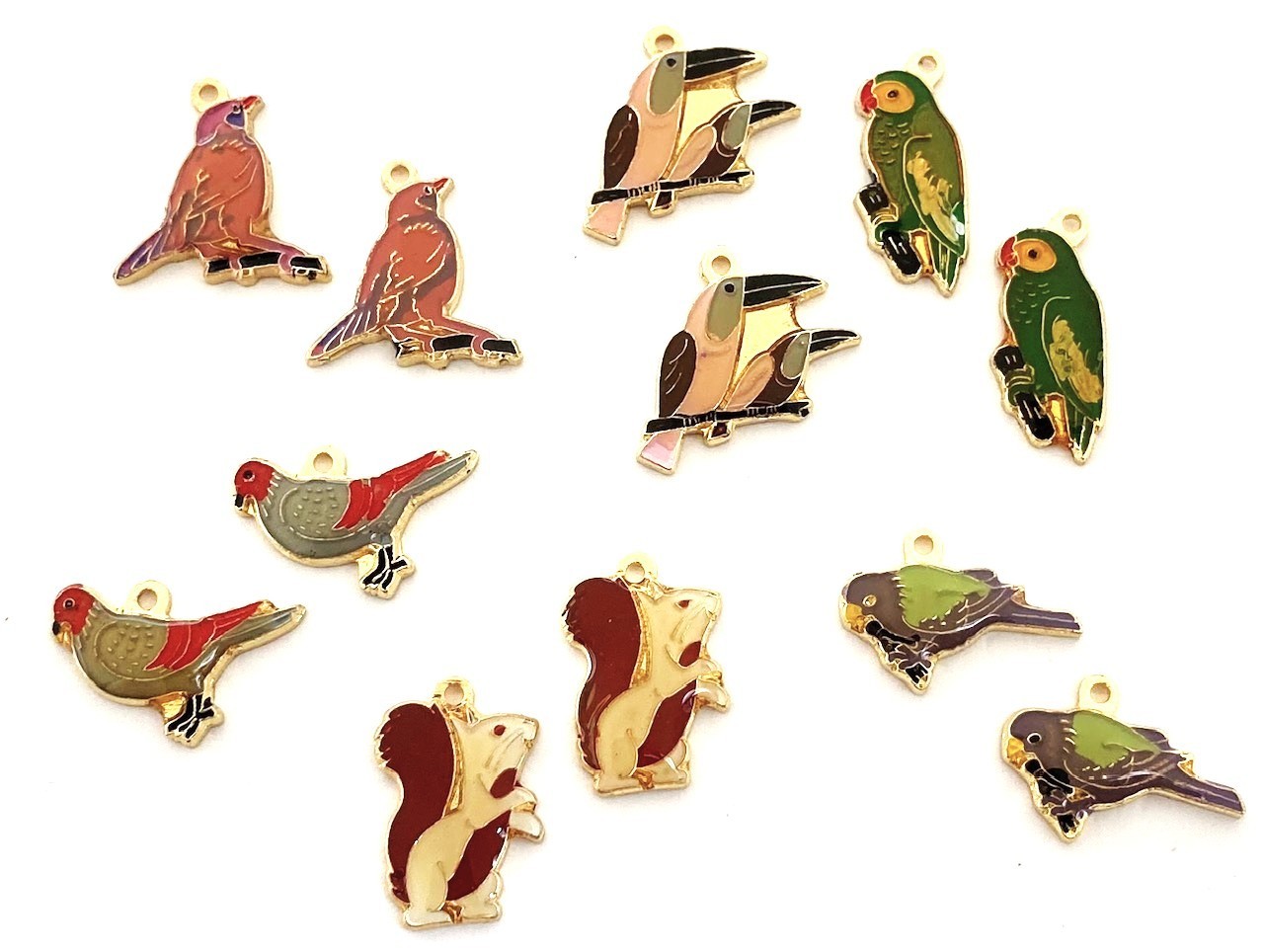 12 Vintage Parrots, Toucanets, Colorful Birds & Squirrels Pendant Charms 5284PT