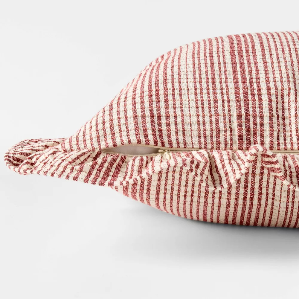 24"x24" Uneven Plaid with Ruffle Pillow Burgundy/Cream - Threshold designed