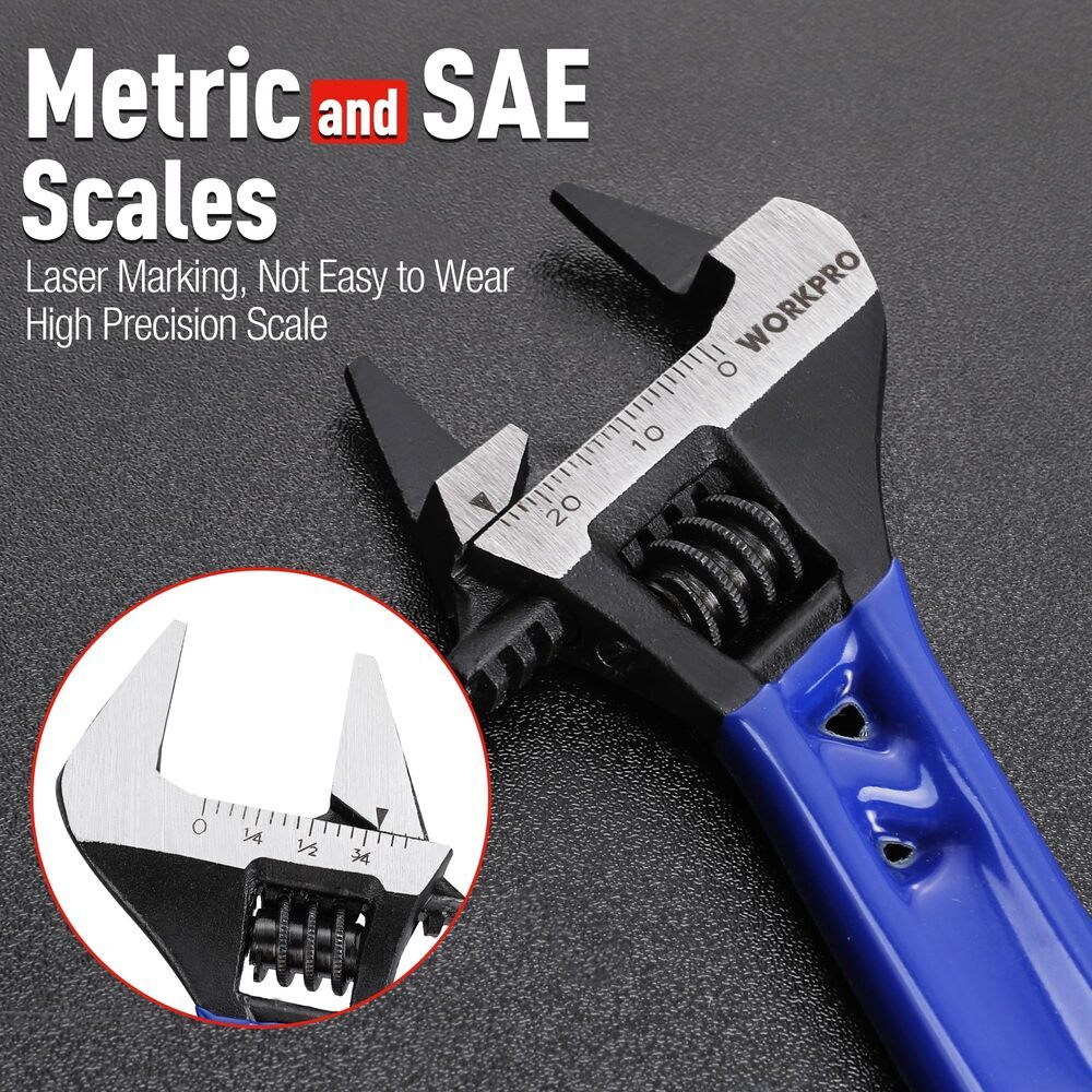 WORKPRO 4" Thin Jaws Stubby Wide Opening Adjustable Wrench w/2mm Jaws Metric/SAE