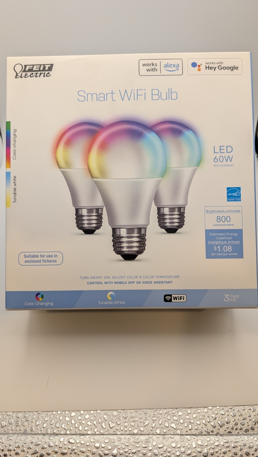 Feit Electric Smart Bulb A19 Multicolor LED 800 Lumens 9W Wi-Fi/Alexa/Google 3PK