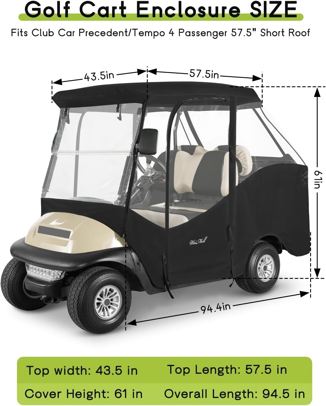 4 Passenger Golf Cart Enclosure for Club Car Precedent Tempo Short Roof 2+2.....