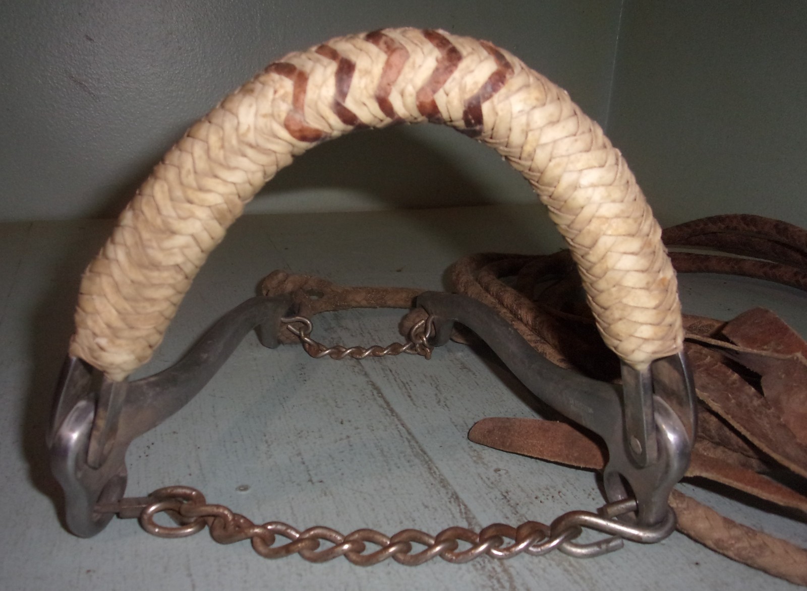 Sleister Aluminum Mechanical Hackamore Rawhide Nose Split Cord Reins w/ Poppers