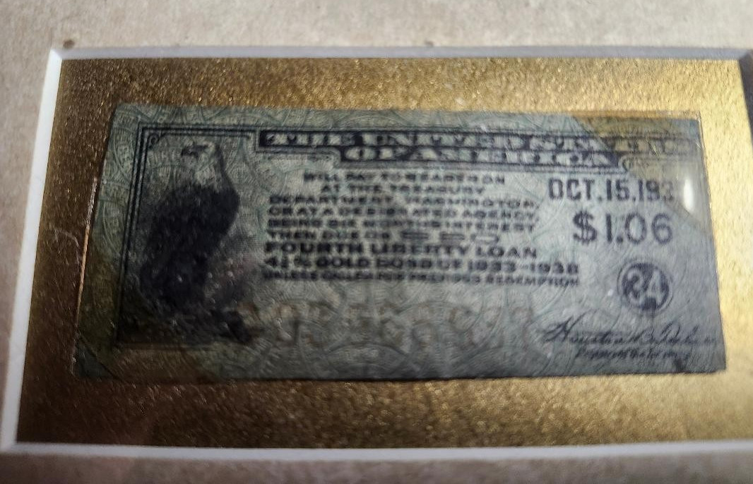 USA 1918 FOURTH Liberty Loan 4 1/4% GOLD WAR BOND COUPON IN FRAME. WWI COUPON