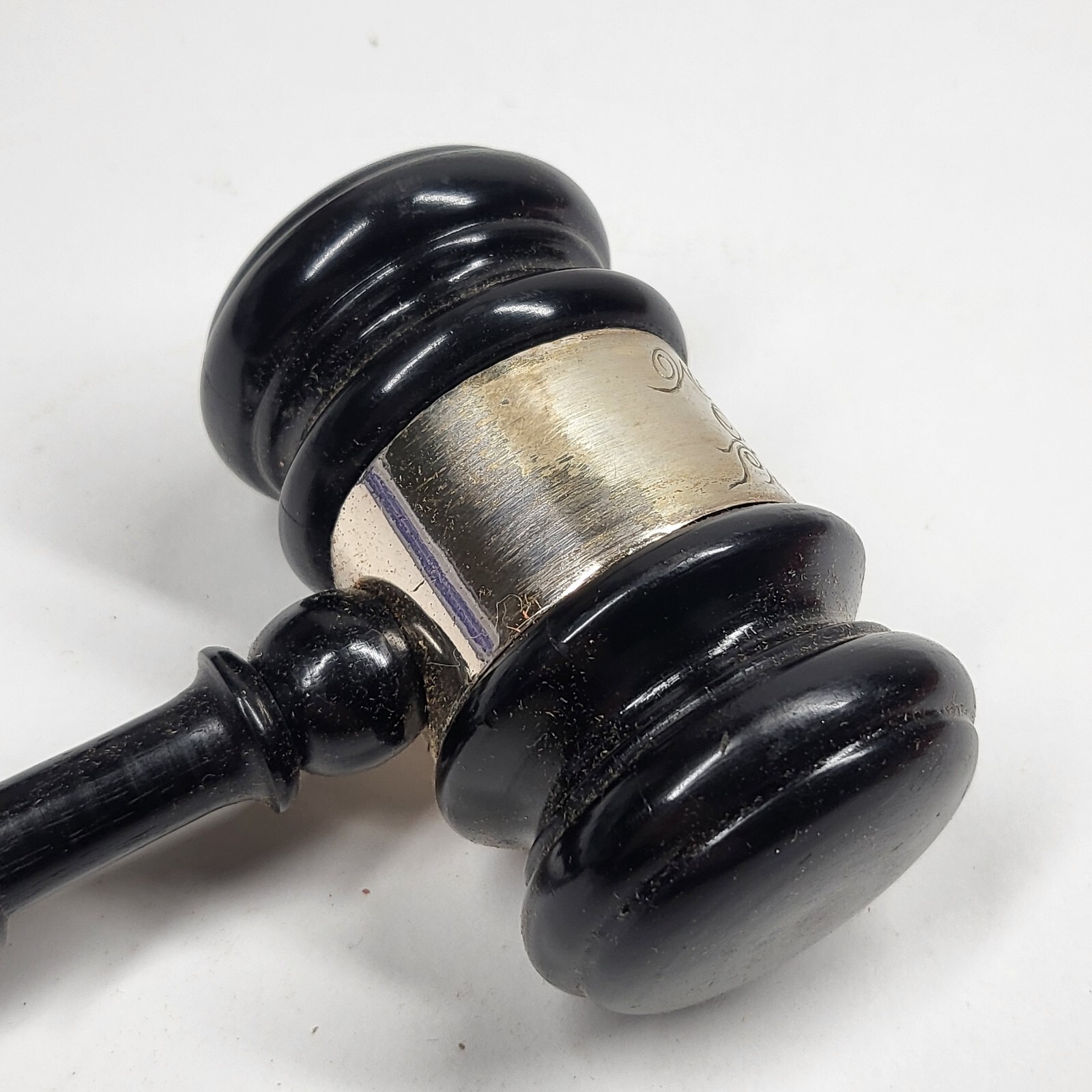 Ebony Wood Gavel w/Sterling Silver Band 10” Vintage 1946 Engraved Onized Club