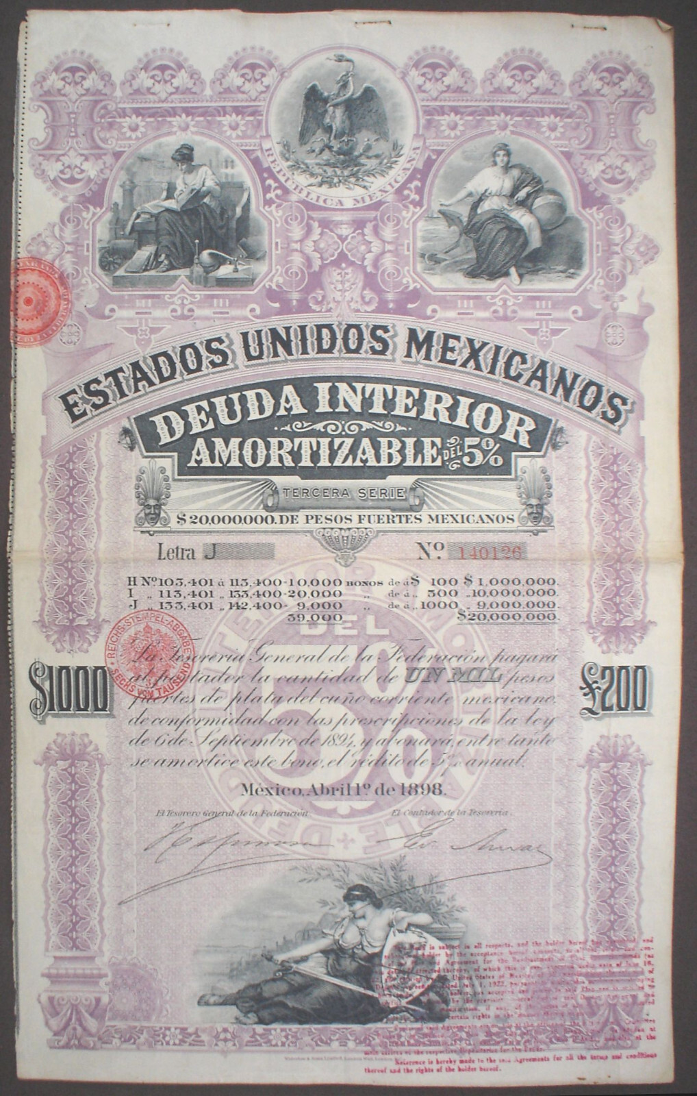 Mexico ESTADOS UNIDOS MEXICANOS BOND 5% Deuda Interior 1000$ =£200 1898 uncanc.