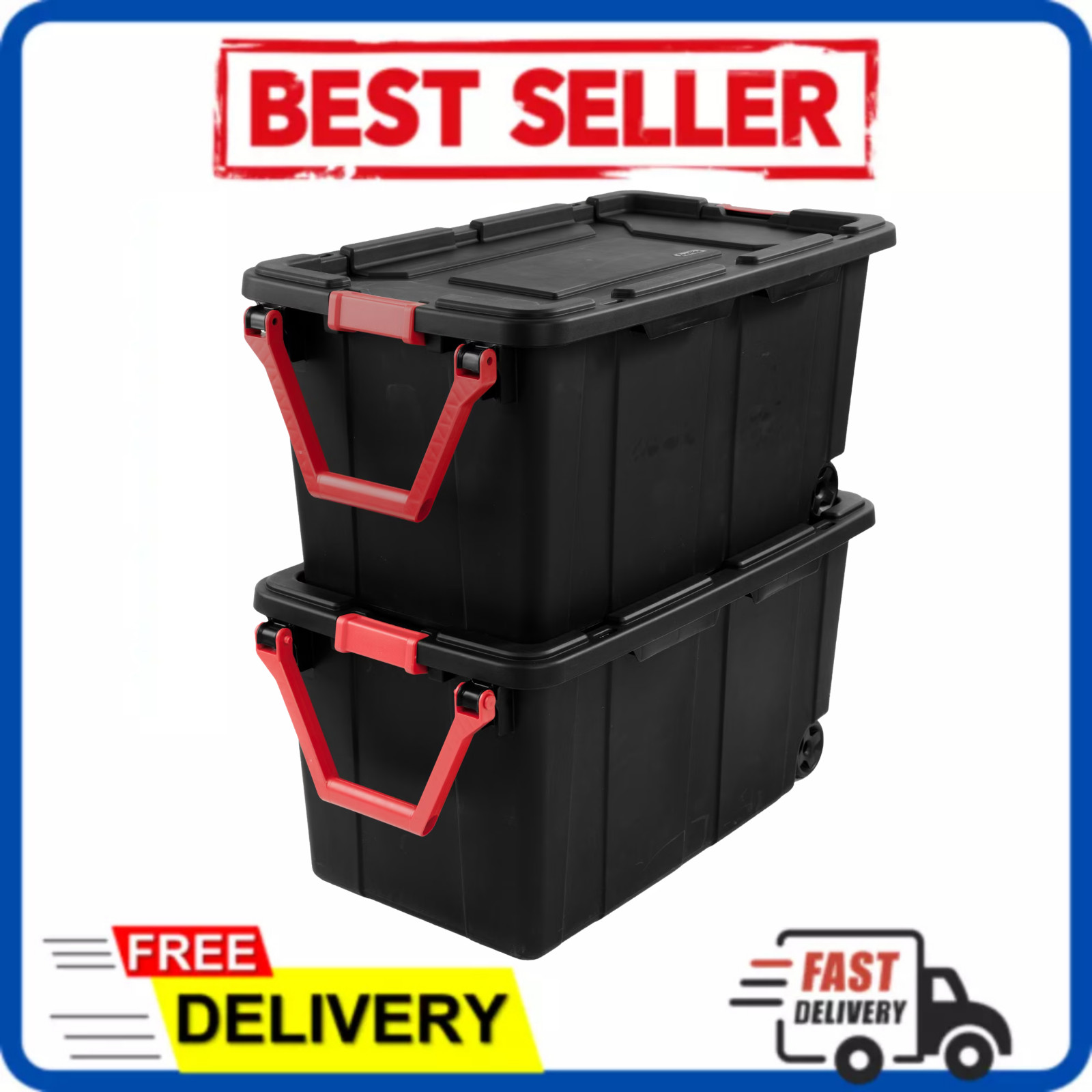 Sterilite Industrial 40 Gal Wheeled Storage Tote Black Container Handle 2-Pack