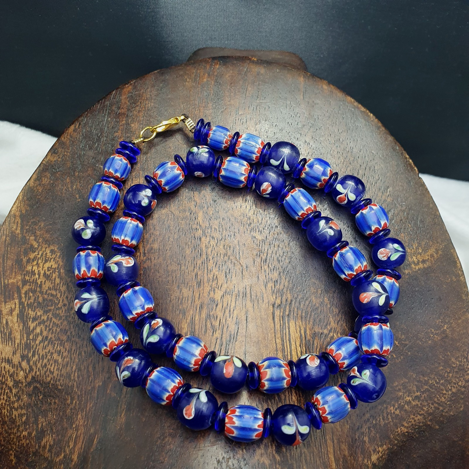Vintage Venetian Cobalt Blue Floral & Striped Murano Style Beaded Necklace