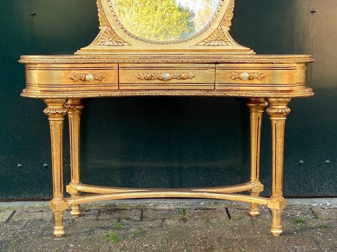 Vanity table with mirror French Louis XVI 1940s Gilt Beech Dressing Set