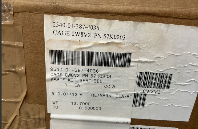 HMMWV REAR SEAT 3-POINT SEATBELT KIT. P/N 57K0203. NSN 2540-01-387-4036