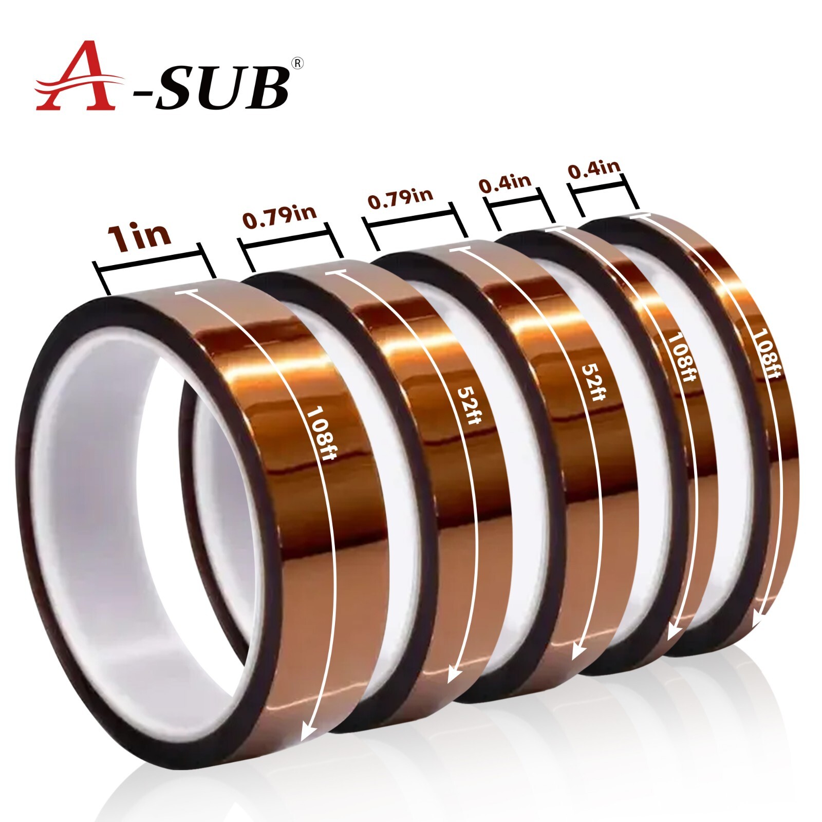 5 Rolls Polyimide High Temperature Tape Heat Resistant Kapton 10mm, 20mm,25mm