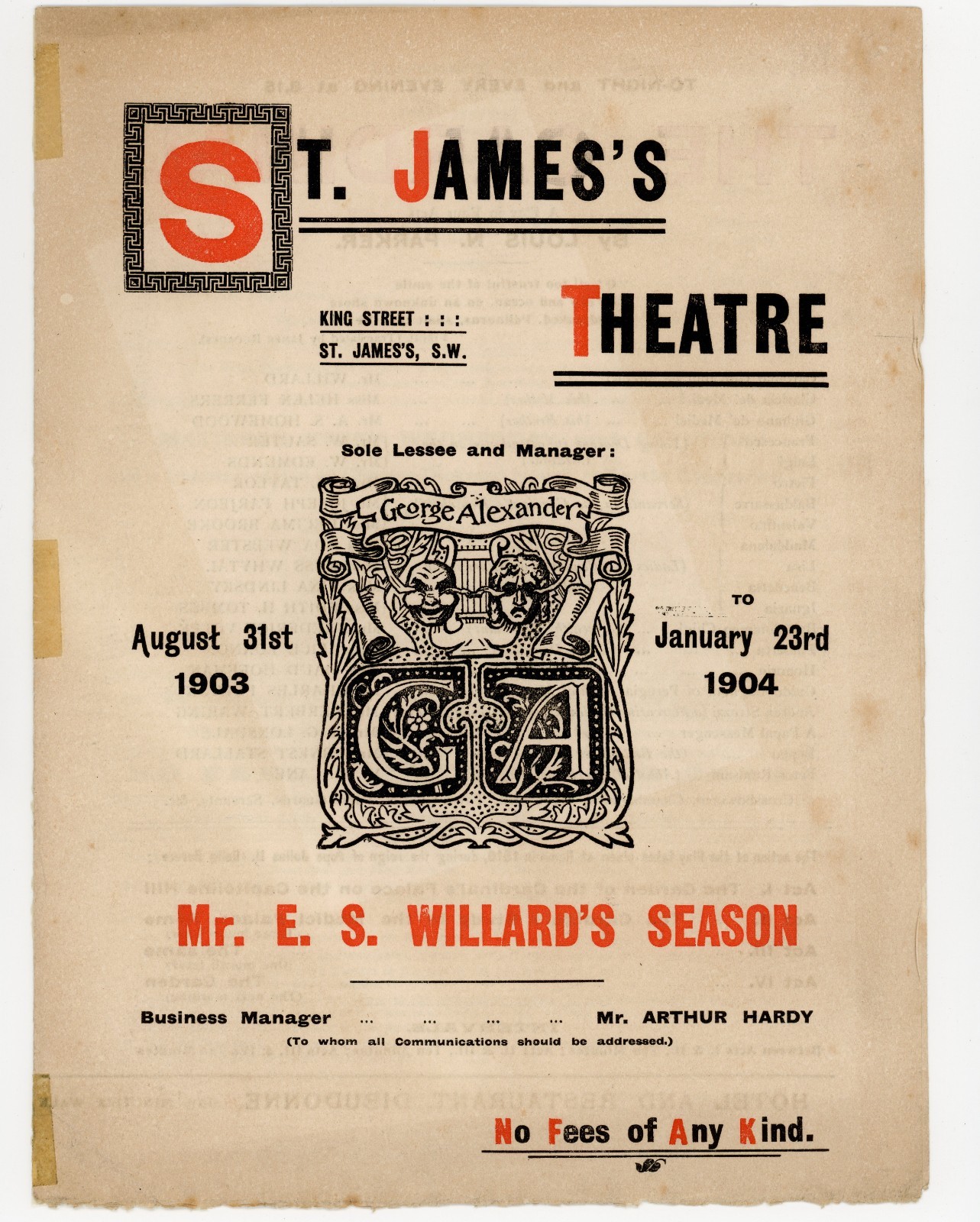 1903 St James’s Theatre “Tom Pinch” Dickens Playbill – E.S. Willard Season