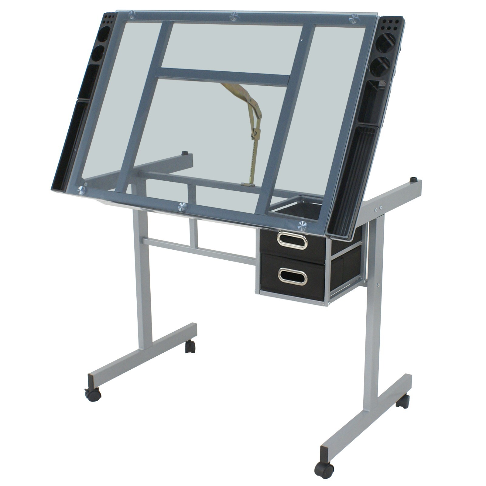 Drafting Table on Wheels Adjustable Glass Tabletop Drawing Desk w/Storage Drawer