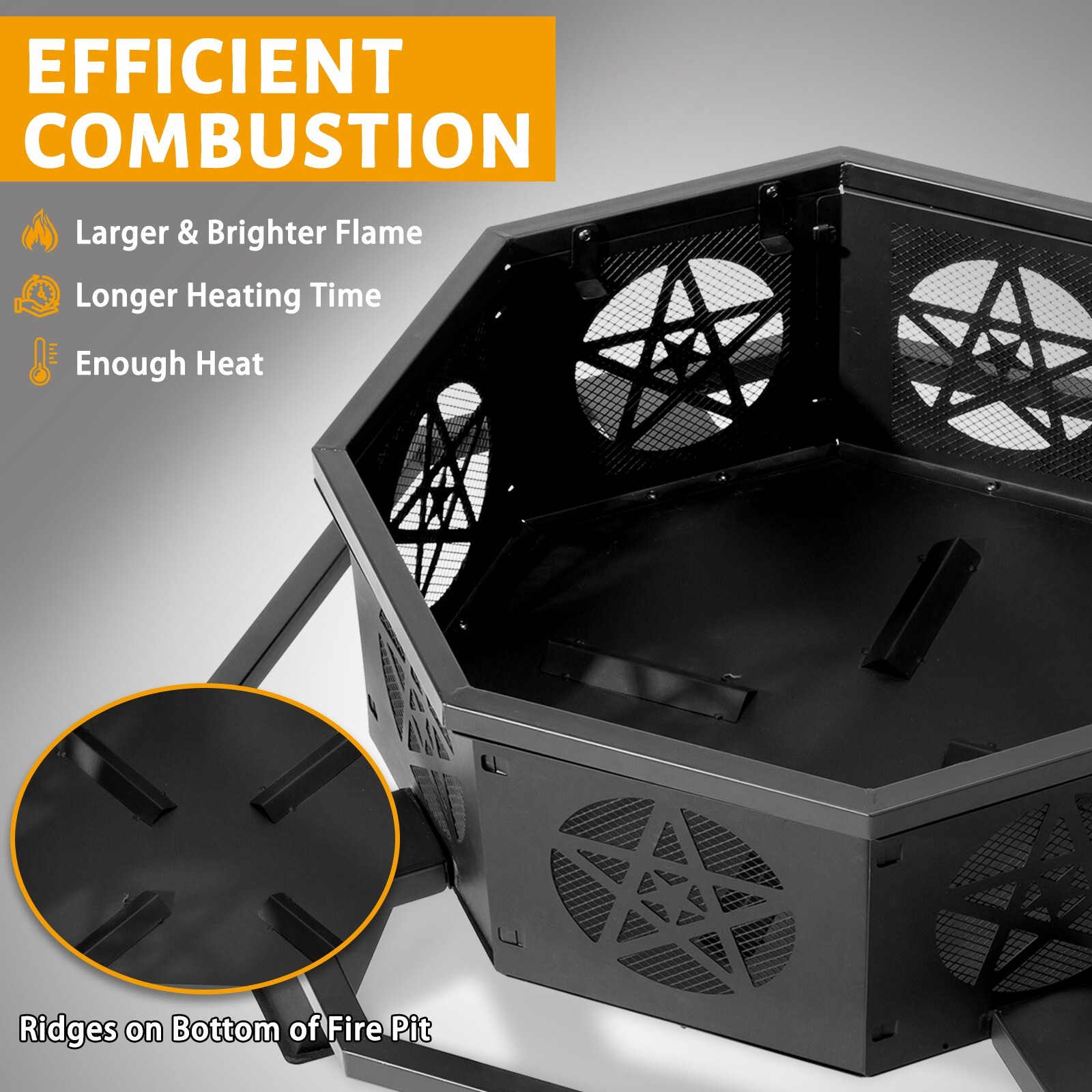 Large Heavy Duty 43" Octagonal Outdoor Wood Burning Fire Pit, Star Ventilation