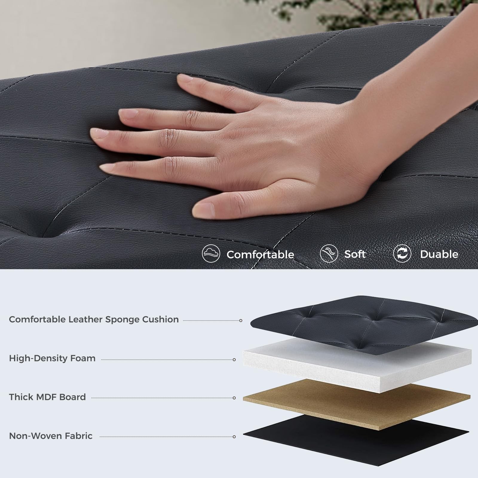 43 Inches Foldable Storage Ottoman Bench, Foot Rest Stool, Synthetic Leather ...