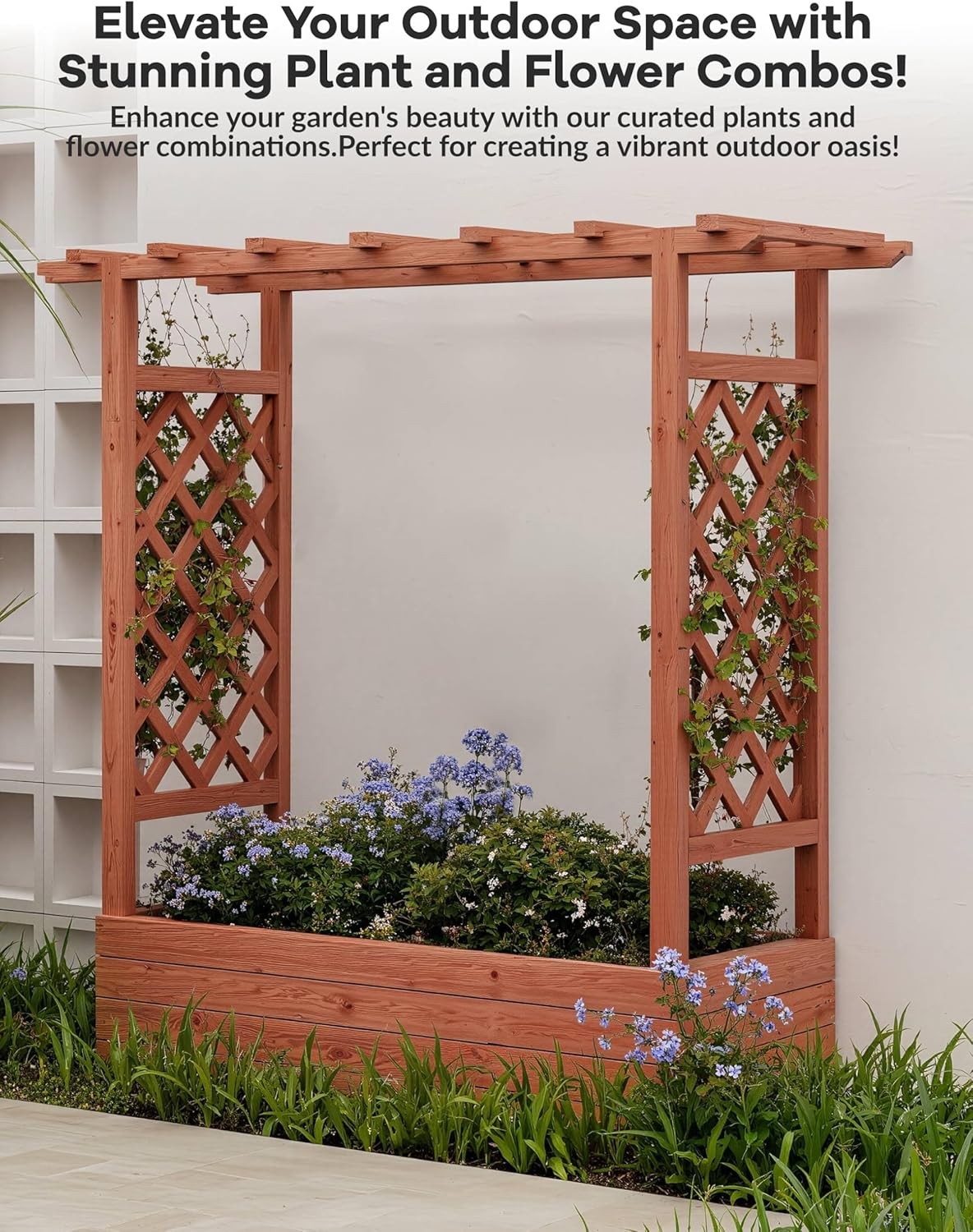 Wood Raised Garden Bed with Trellis and Roof Planter Box for Patio Yard Garden