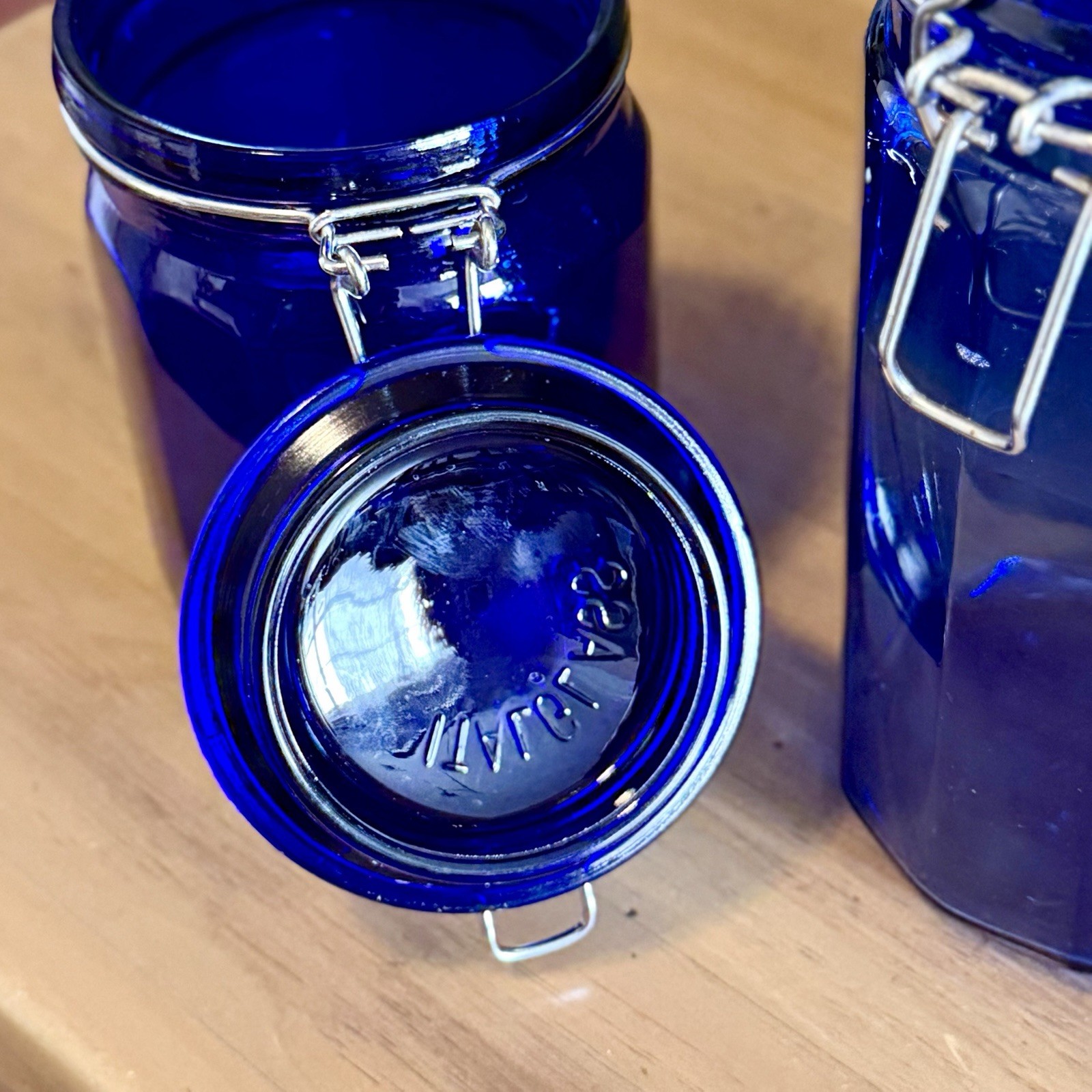 Vintage Cobalt Blue Glass Canister Set 5 Wire Bale Jars Italian Glass