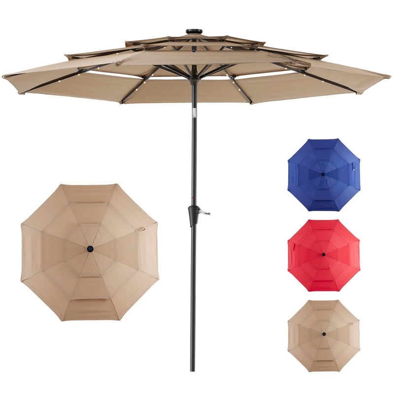 10 FT 3-Layer Solar Patio Umbrella, 32 LED Lights Market Umbrella