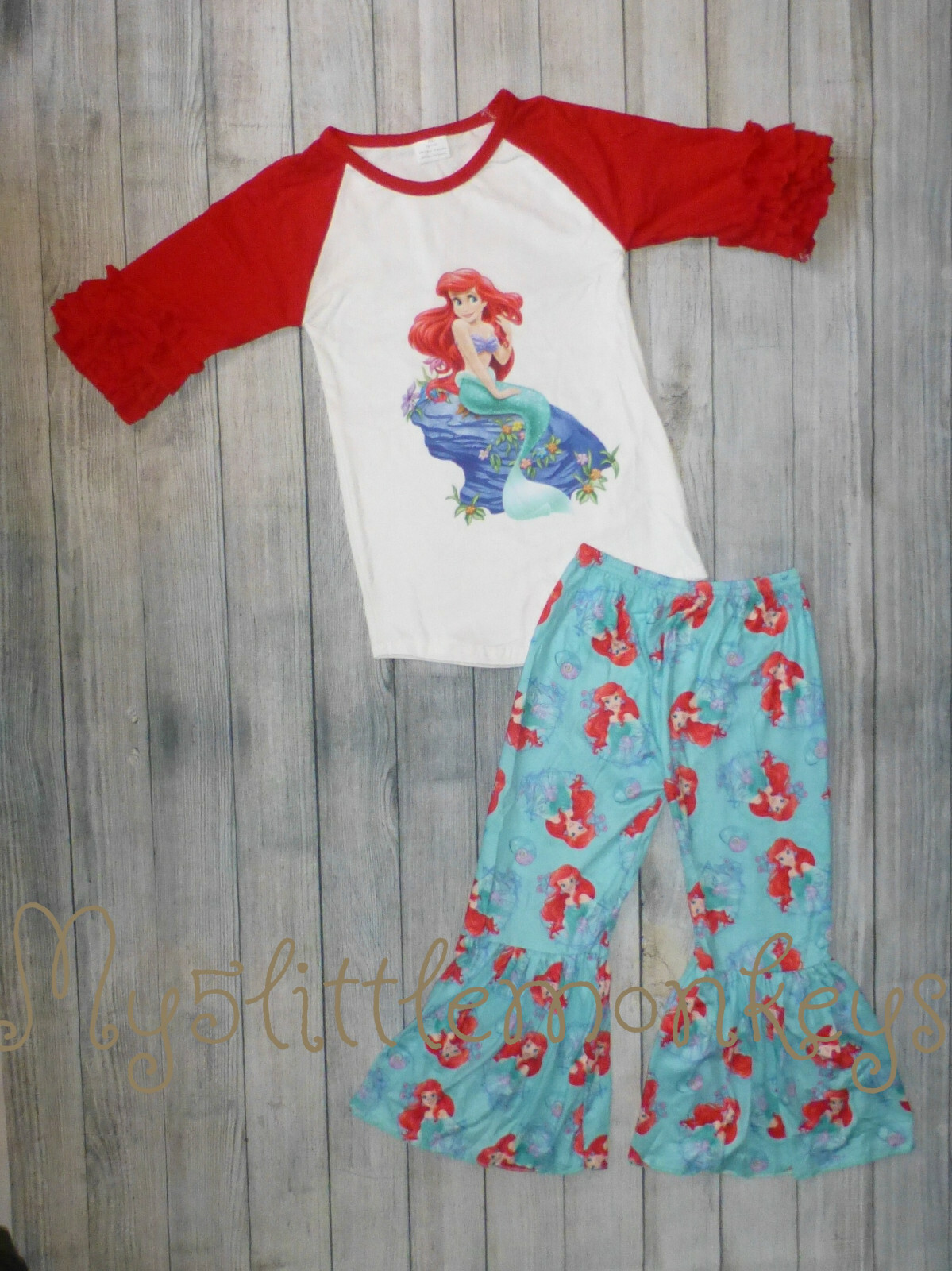 NEW Ariel Little Mermaid Ruffle Sleeve Shirt & Bell Pants Boutique Outfit Set