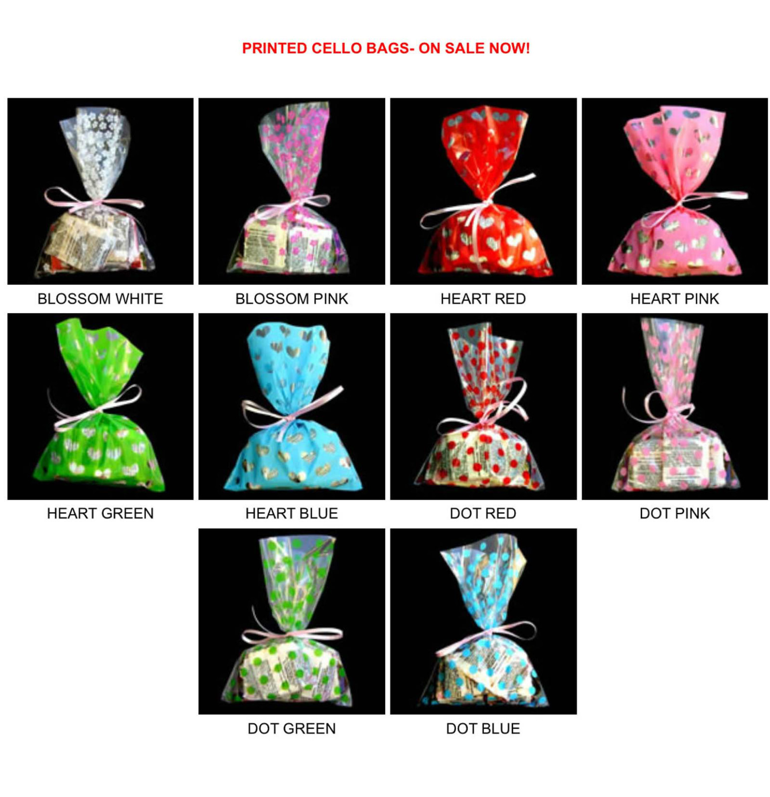 PRINTED CELLO BAGS-100EA/PACK, Bakery Cookie cellophane bag, 3 sizes, 10 styles.