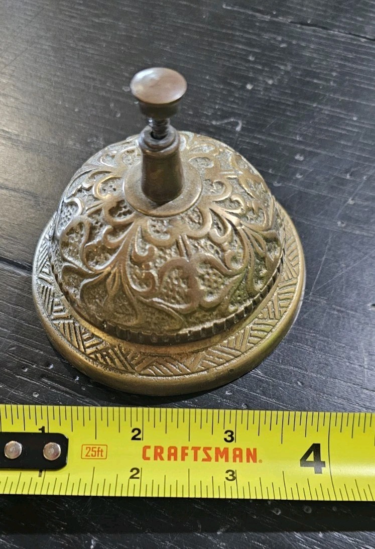 Vintage Brass Desk Bell Ornate Floral Hotel Service Counter Ring Bell 3.5”